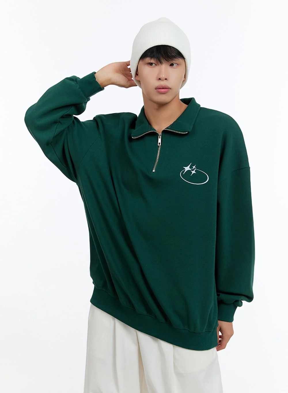 Men's Classic Cotton Half-Zip Graphic Hoodie (Green) IS413