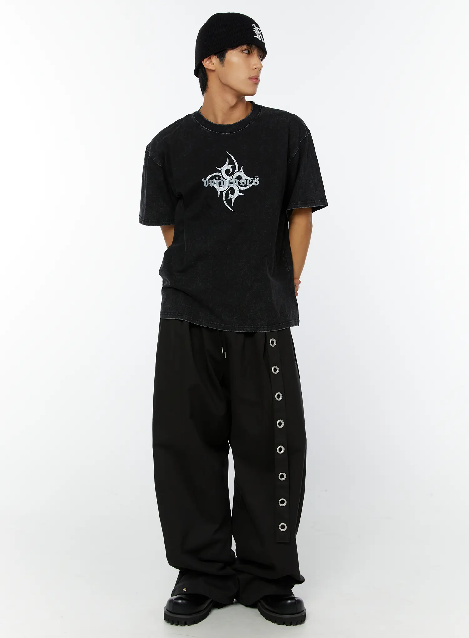 Men's Eyelet Detail Wide-Leg Pants IY508 (Black) - Image 2