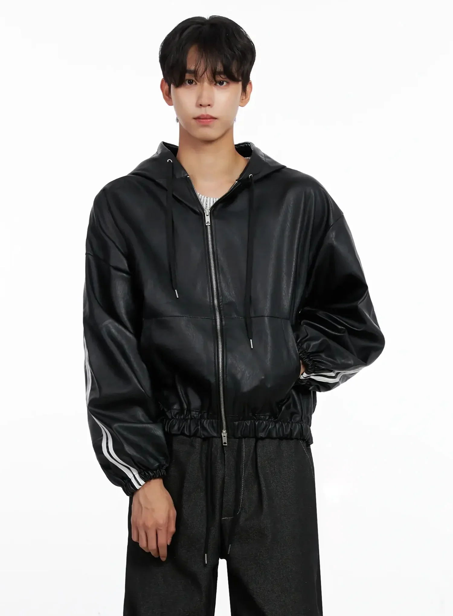 Men's Faux Leather Track Hooded Jacket IO517 - Image 10