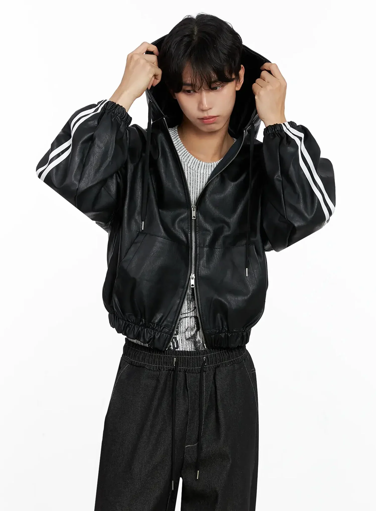 Men's Faux Leather Track Hooded Jacket IO517 - Image 11