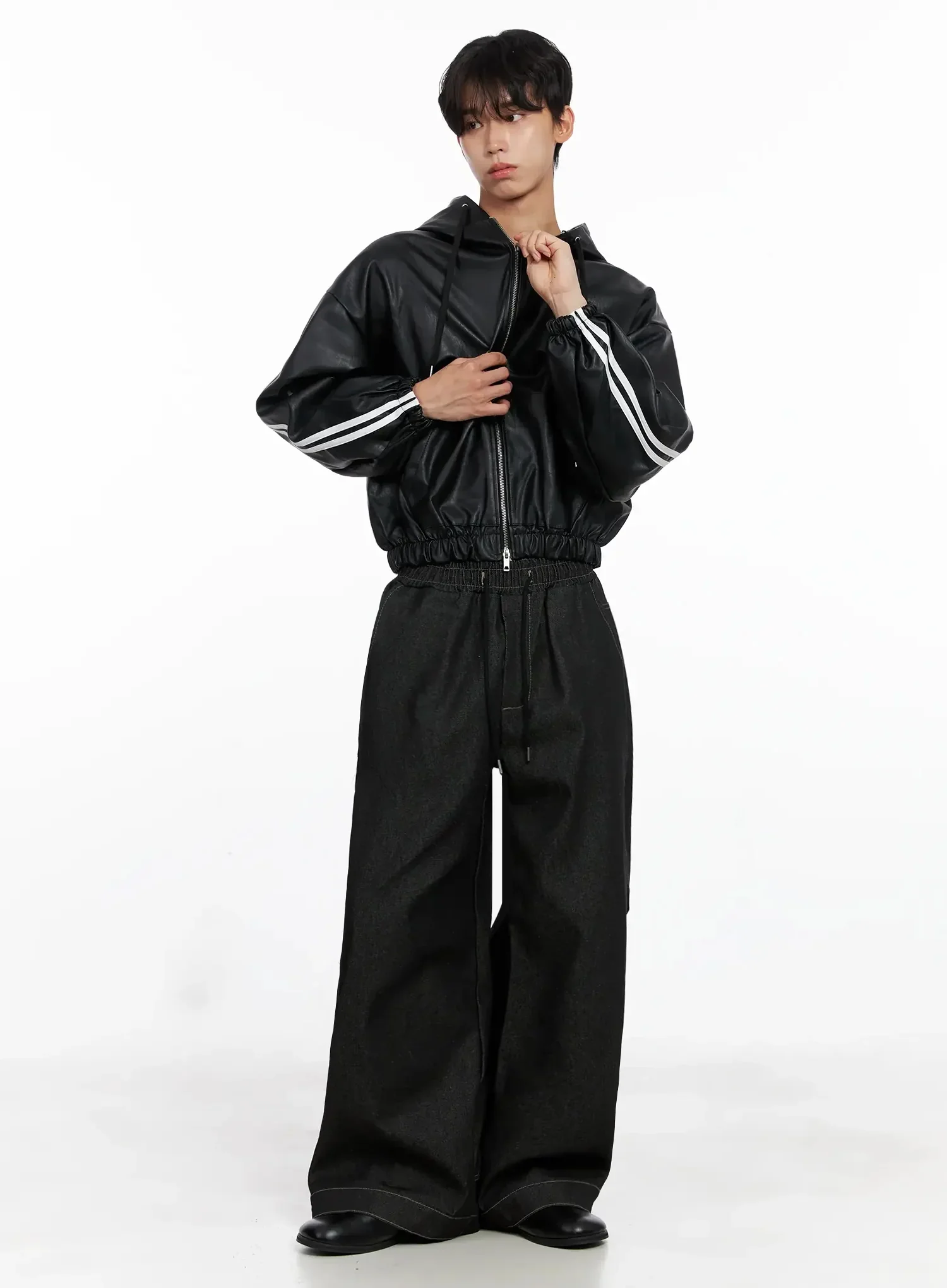 Men's Faux Leather Track Hooded Jacket IO517 - Image 13