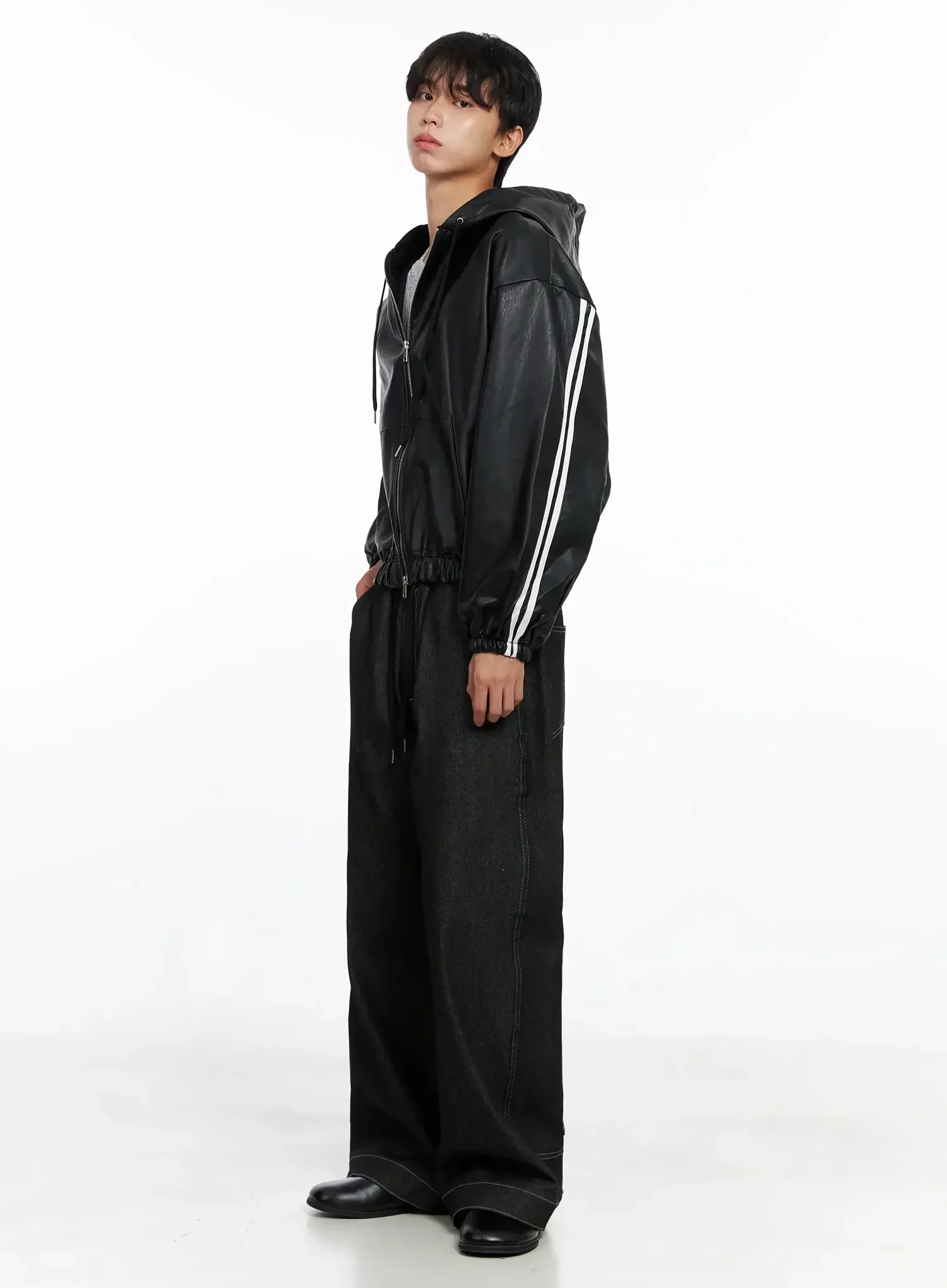 Men's Faux Leather Track Hooded Jacket IO517 - Image 14