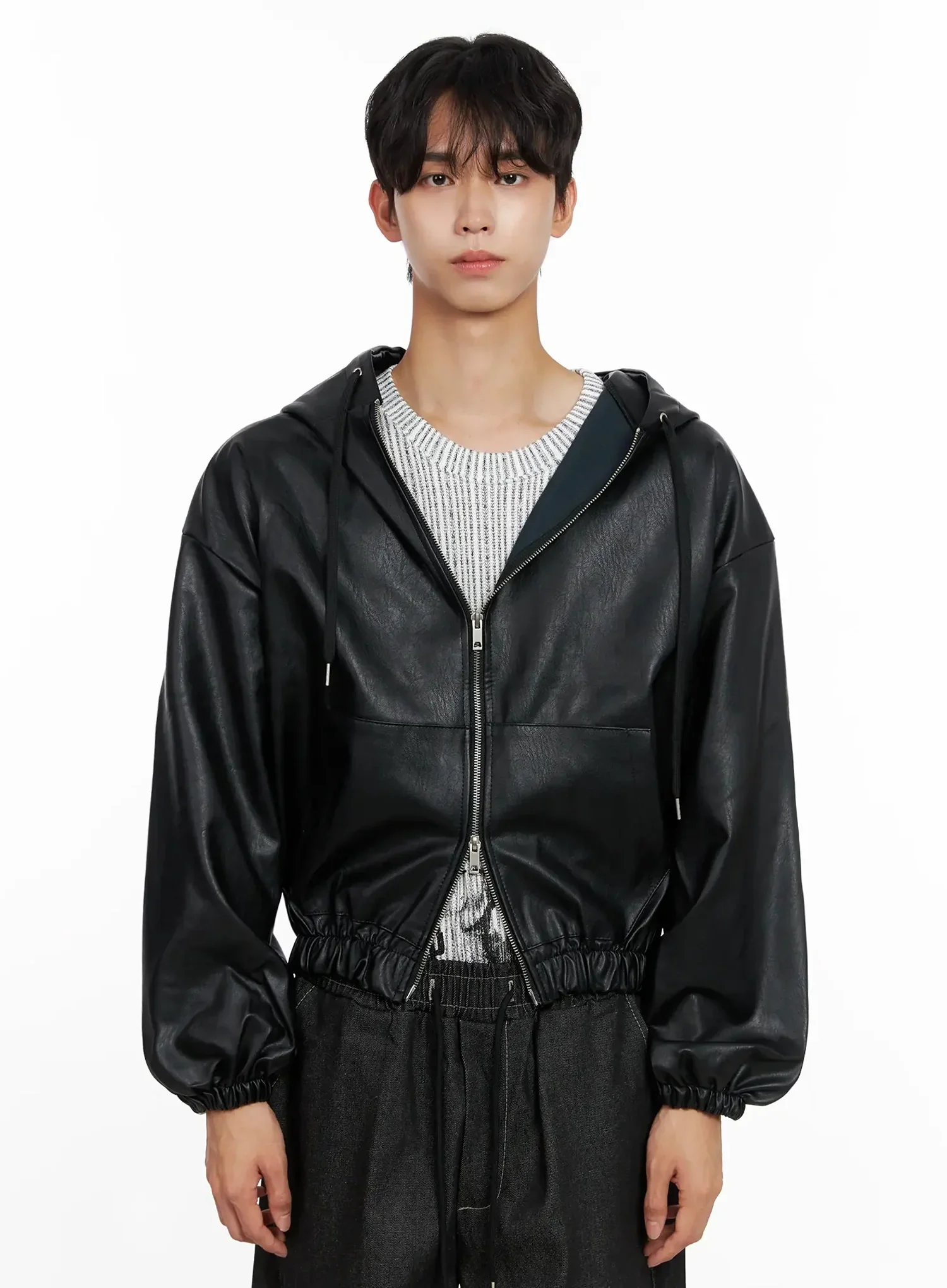 Men's Faux Leather Track Hooded Jacket IO517 - Image 16