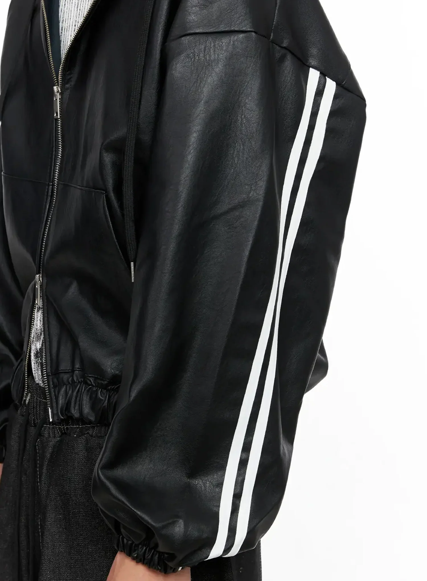 Men's Faux Leather Track Hooded Jacket IO517 - Image 4