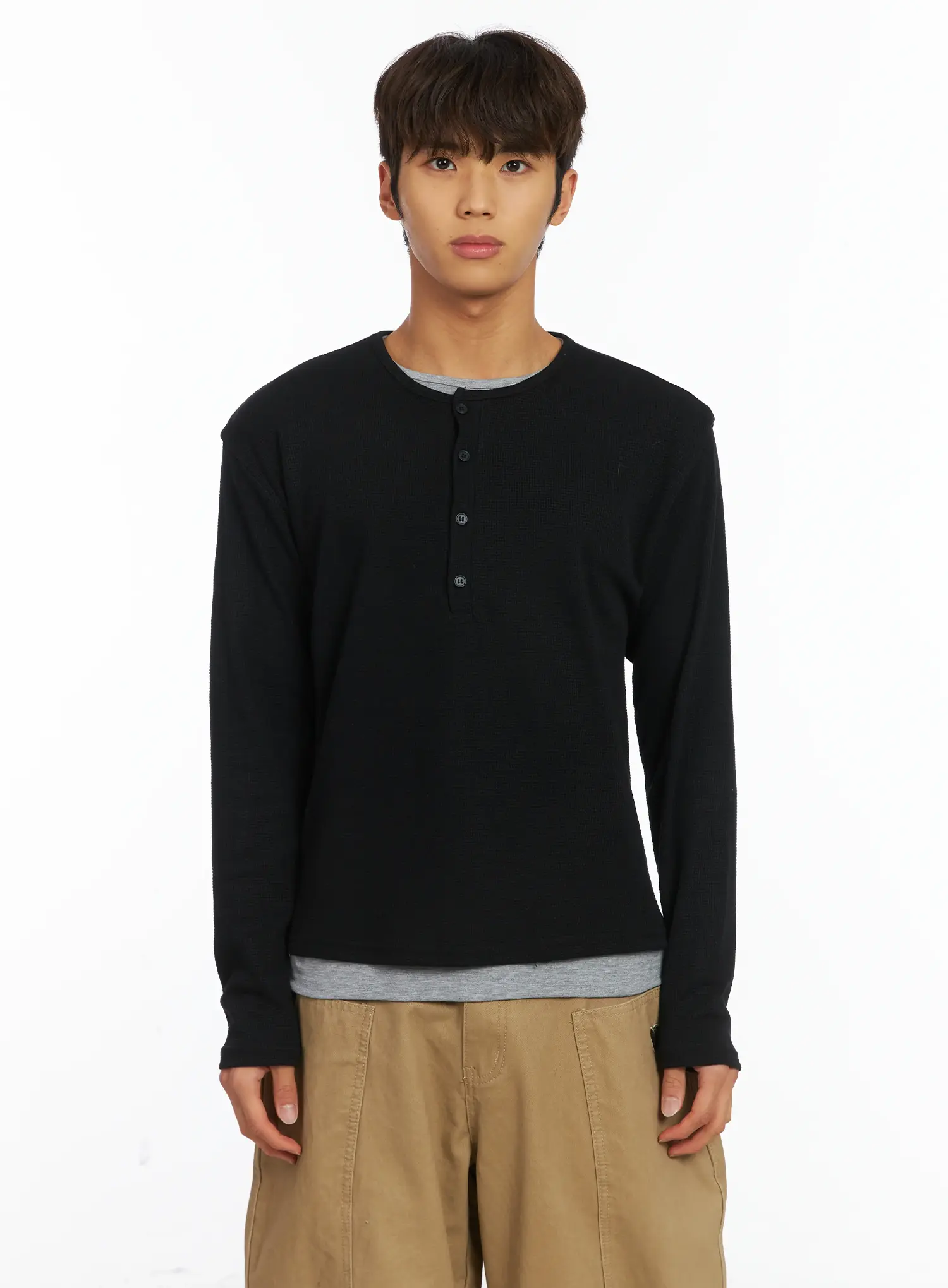Men's Layered Waffle Henley Long Sleeve Shirt IJ514 - Image 13