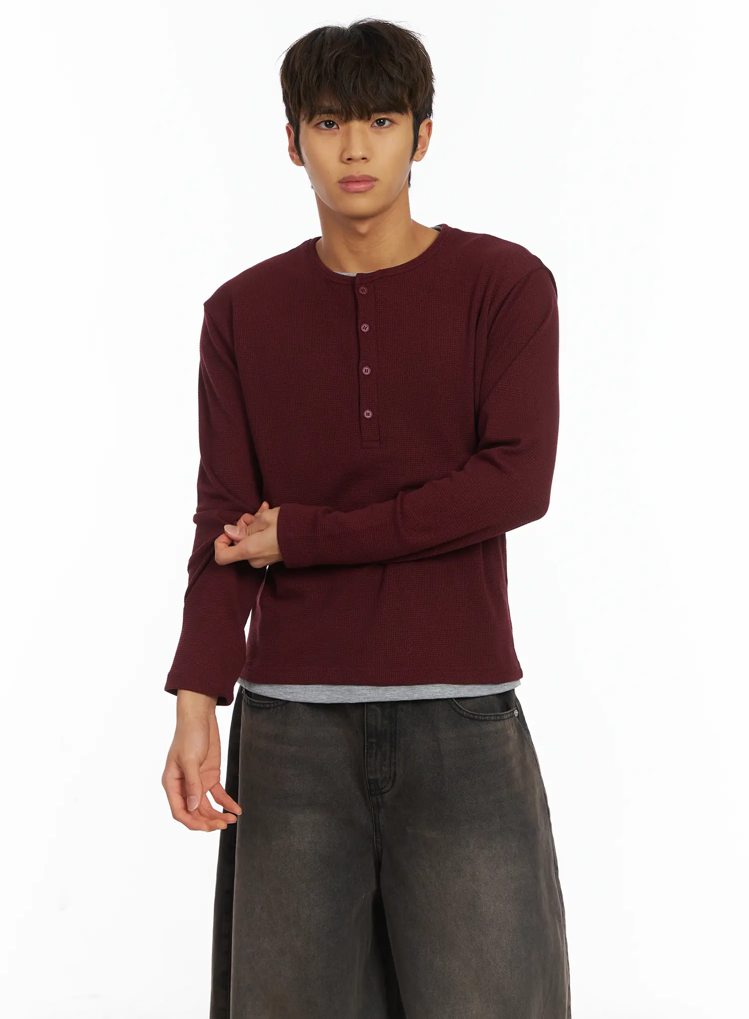 Men's Layered Waffle Henley Long Sleeve Shirt IJ514 - Image 7