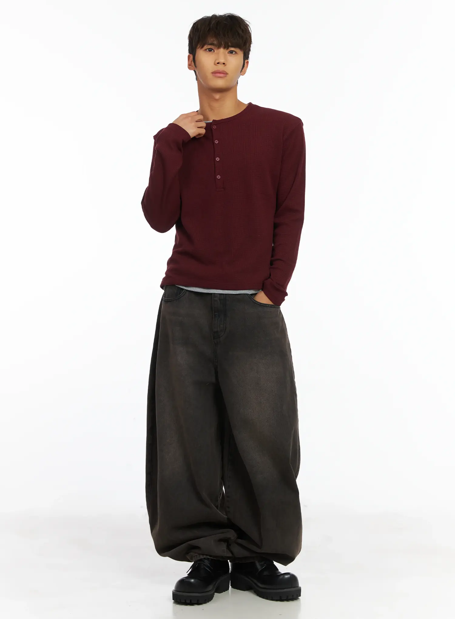 Men's Layered Waffle Henley Long Sleeve Shirt IJ514 - Image 9