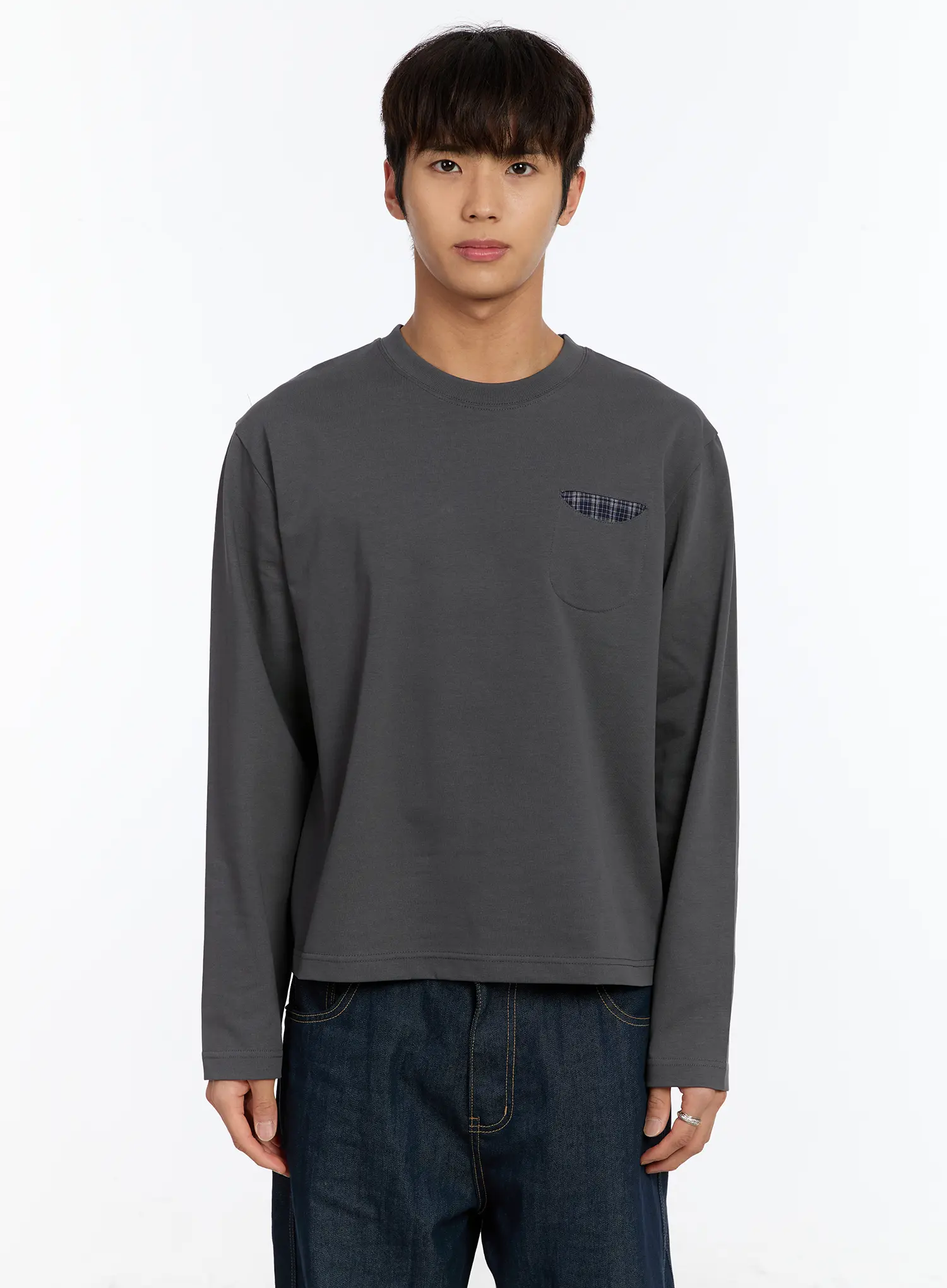 Men's Long Sleeve Tee with Plaid Pocket IM530 - Image 12