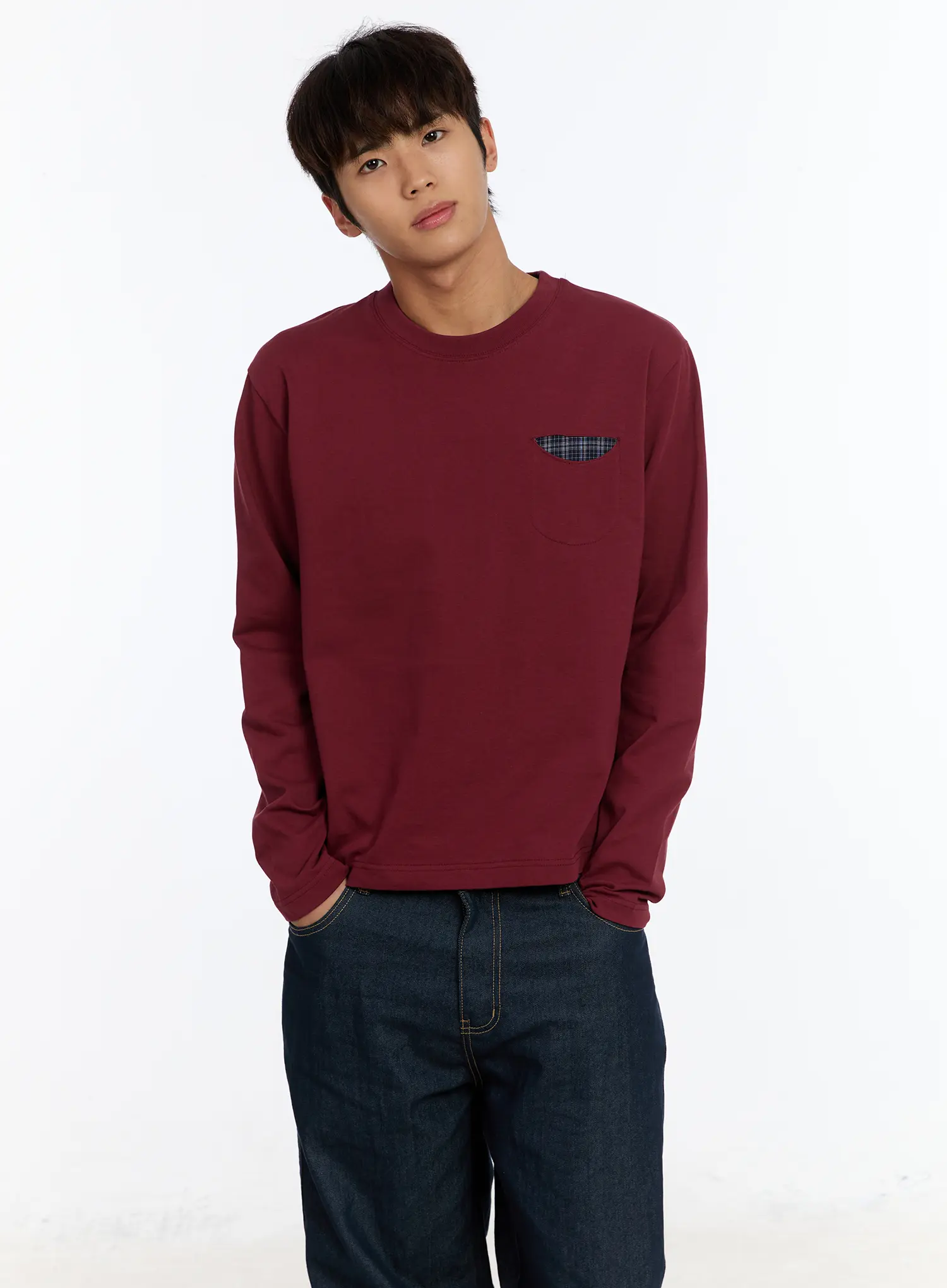 Men's Long Sleeve Tee with Plaid Pocket IM530 - Image 3