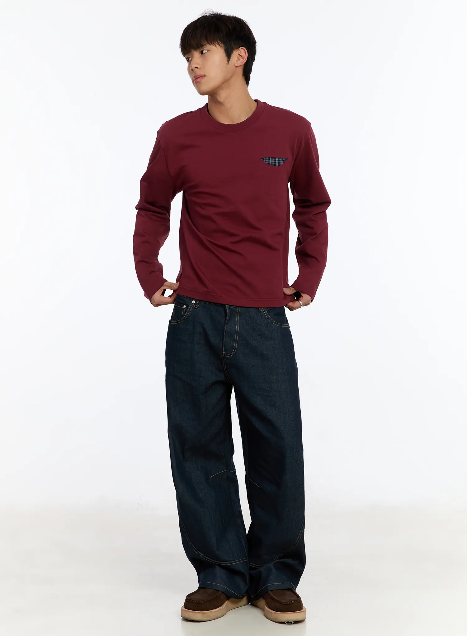 Men's Long Sleeve Tee with Plaid Pocket IM530 - Image 7