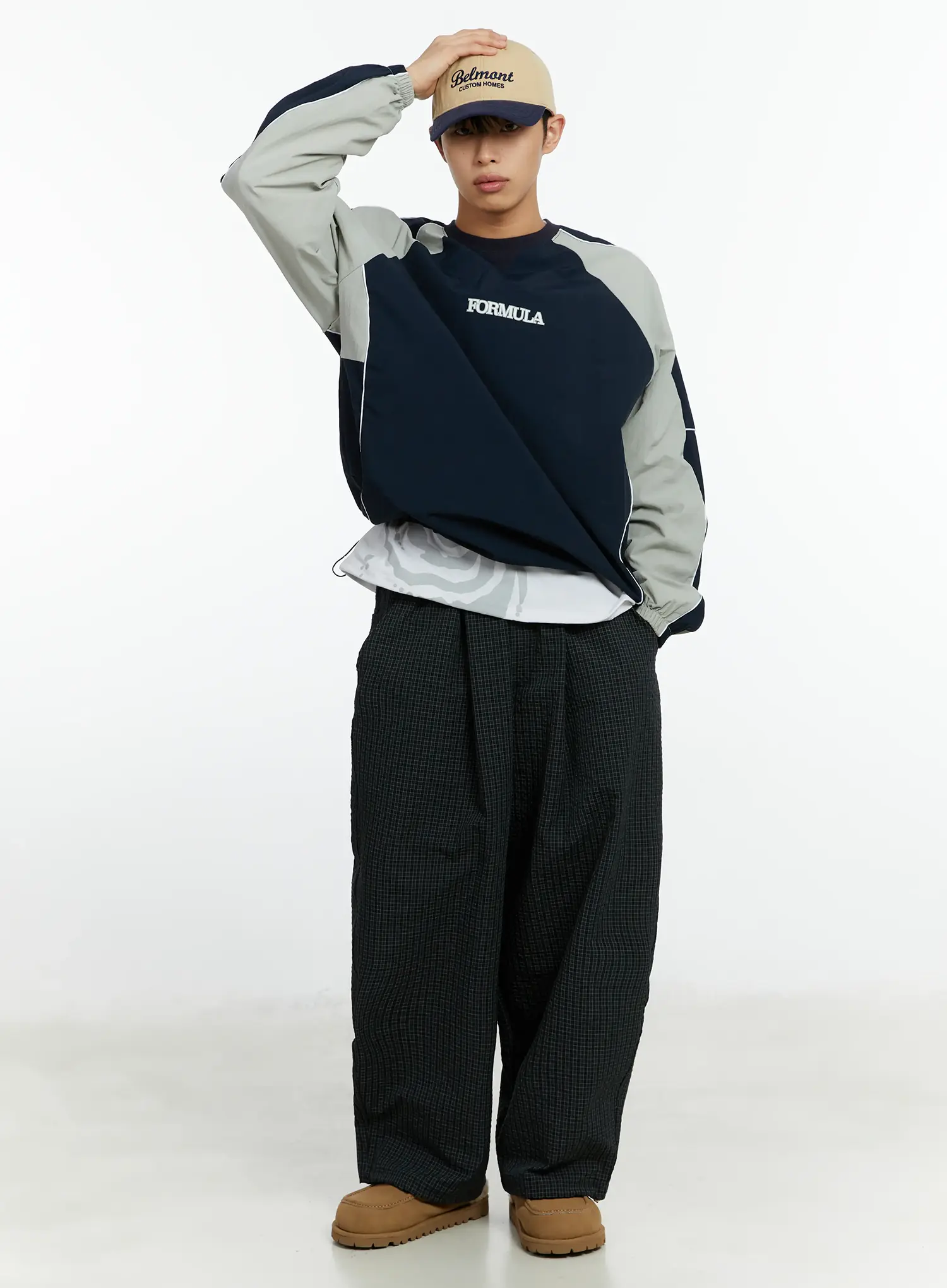 Men's Mini Check Pattern Pin-Tuck Wide Parachute Pants IF511 - Image 3