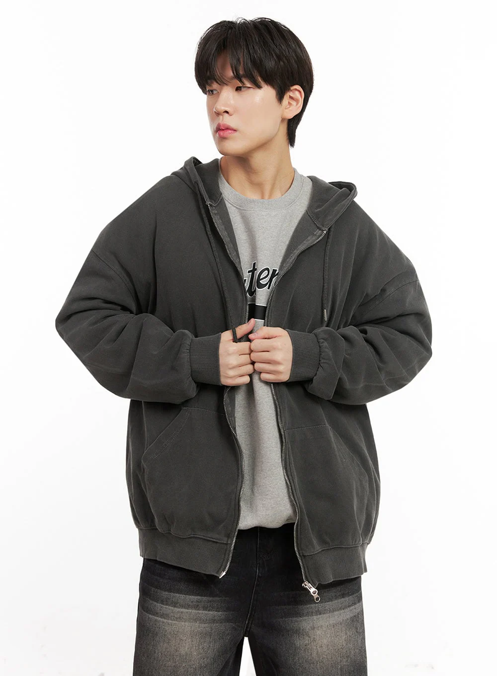Men's Oversized Washed Zip-Up Hoodie IJ517 - Image 4