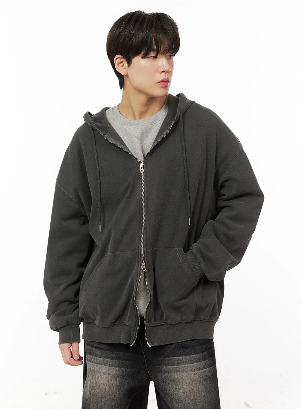 Men's Oversized Washed Zip-Up Hoodie IJ517 - Image 5
