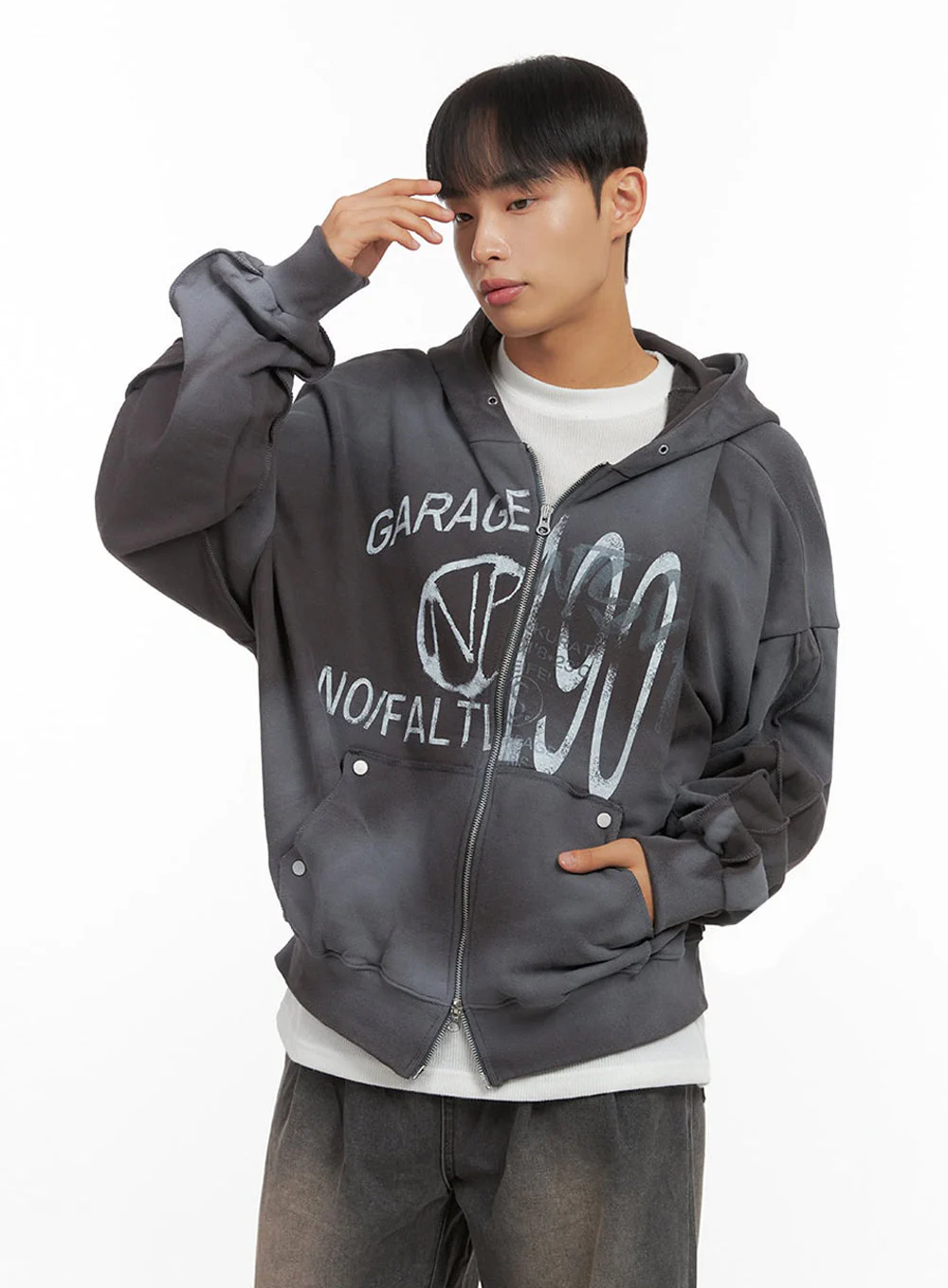 Men's Paint Washed Graphic Zip-Up Hoodie IO420 - Image 3