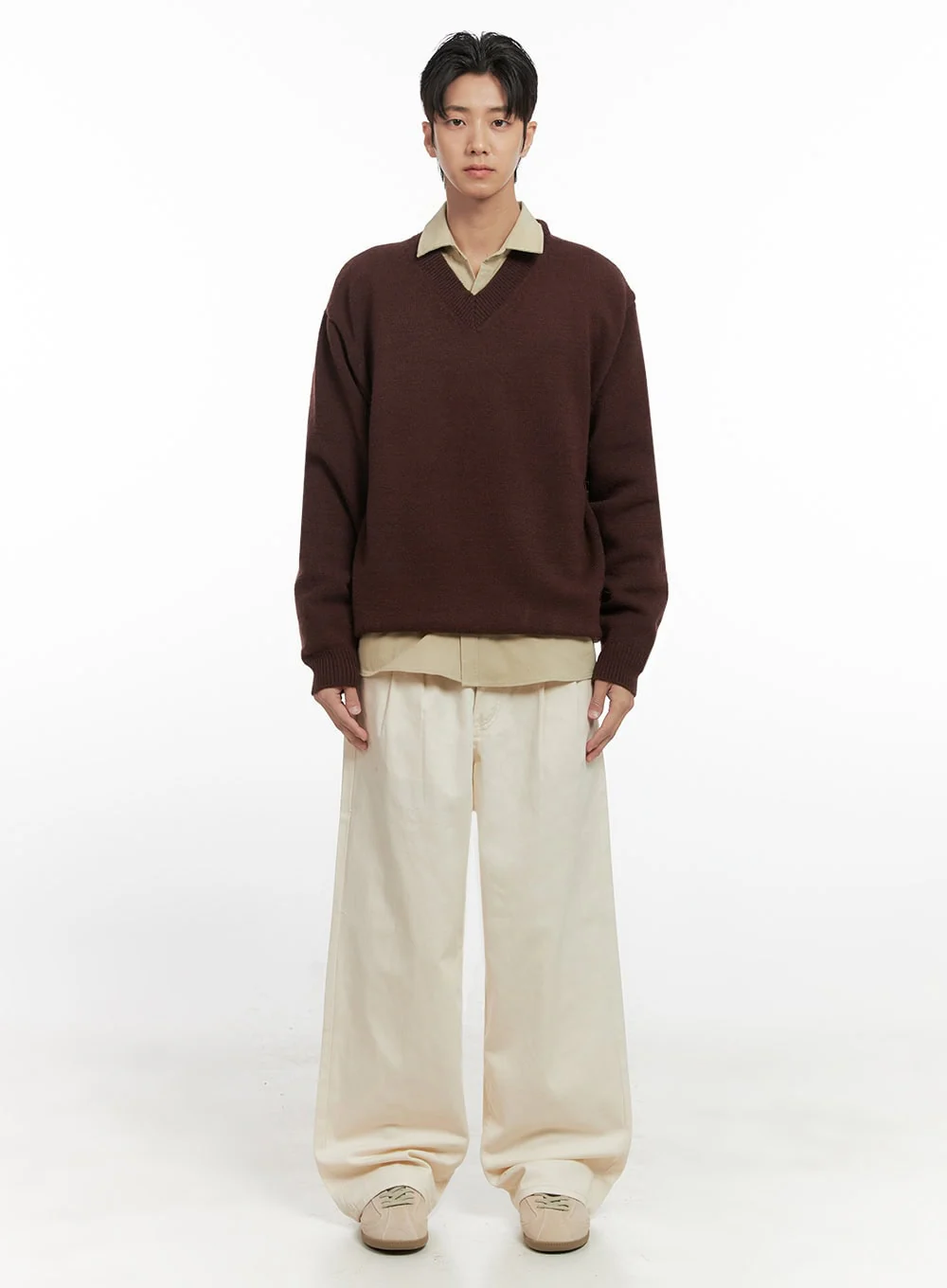 Men's Pintuck Wide Leg Cotton Pants (Light beige) ID413 - Image 6