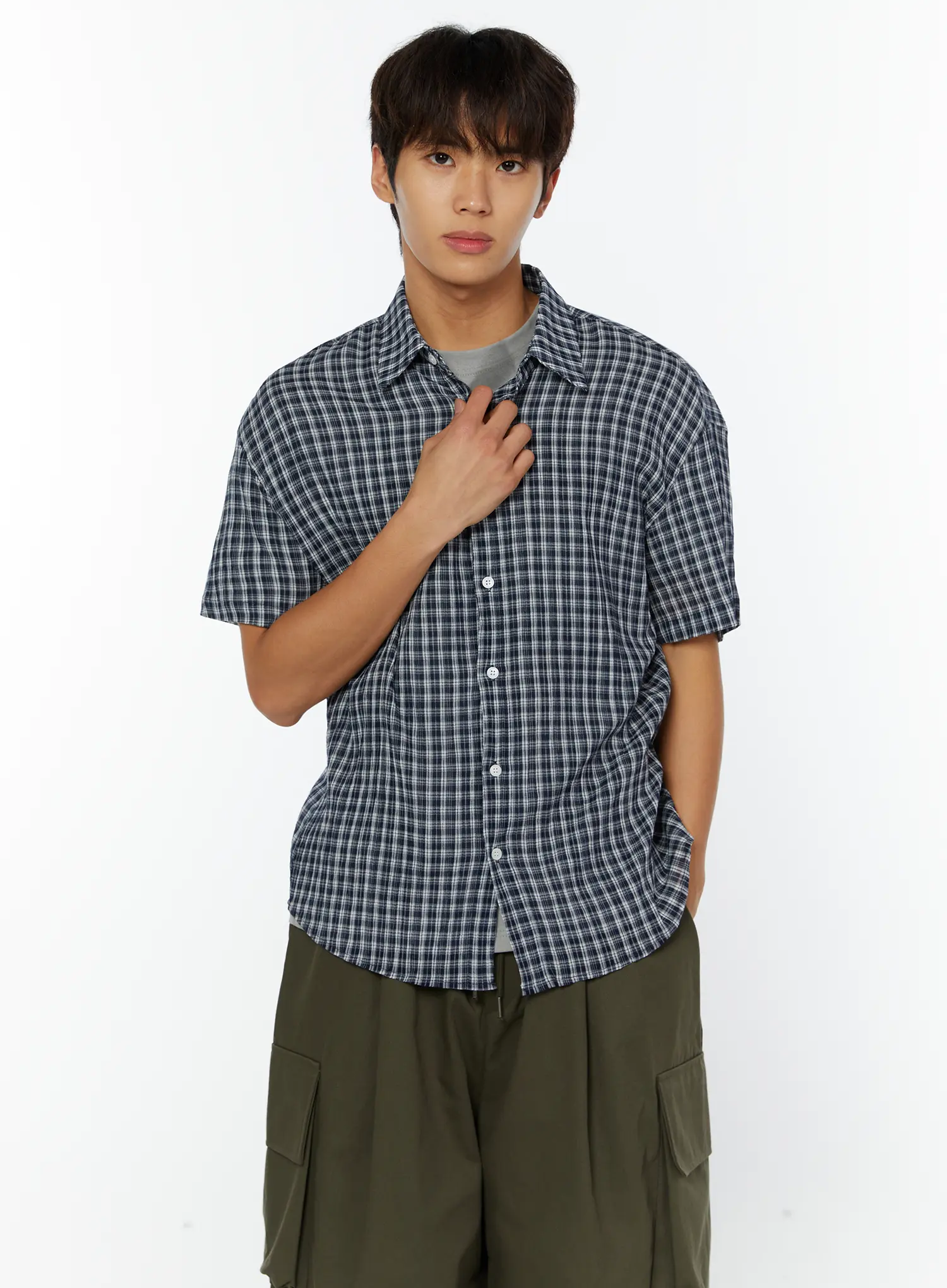 Men's Plaid Button-Up Shirt IY514 - Image 3