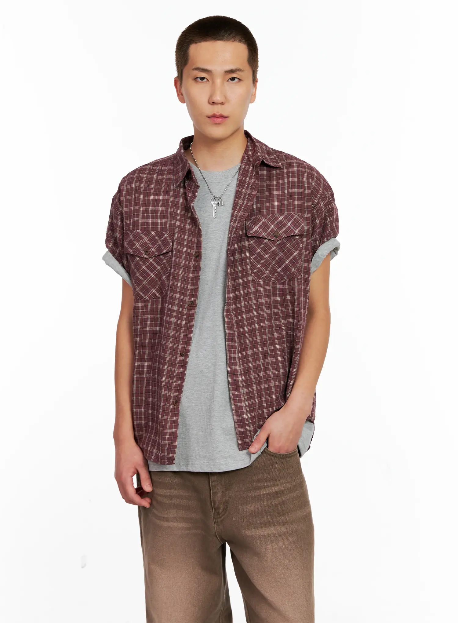 Men's Plaid Short-Sleeve Flannel Shirt IG511 - Image 7