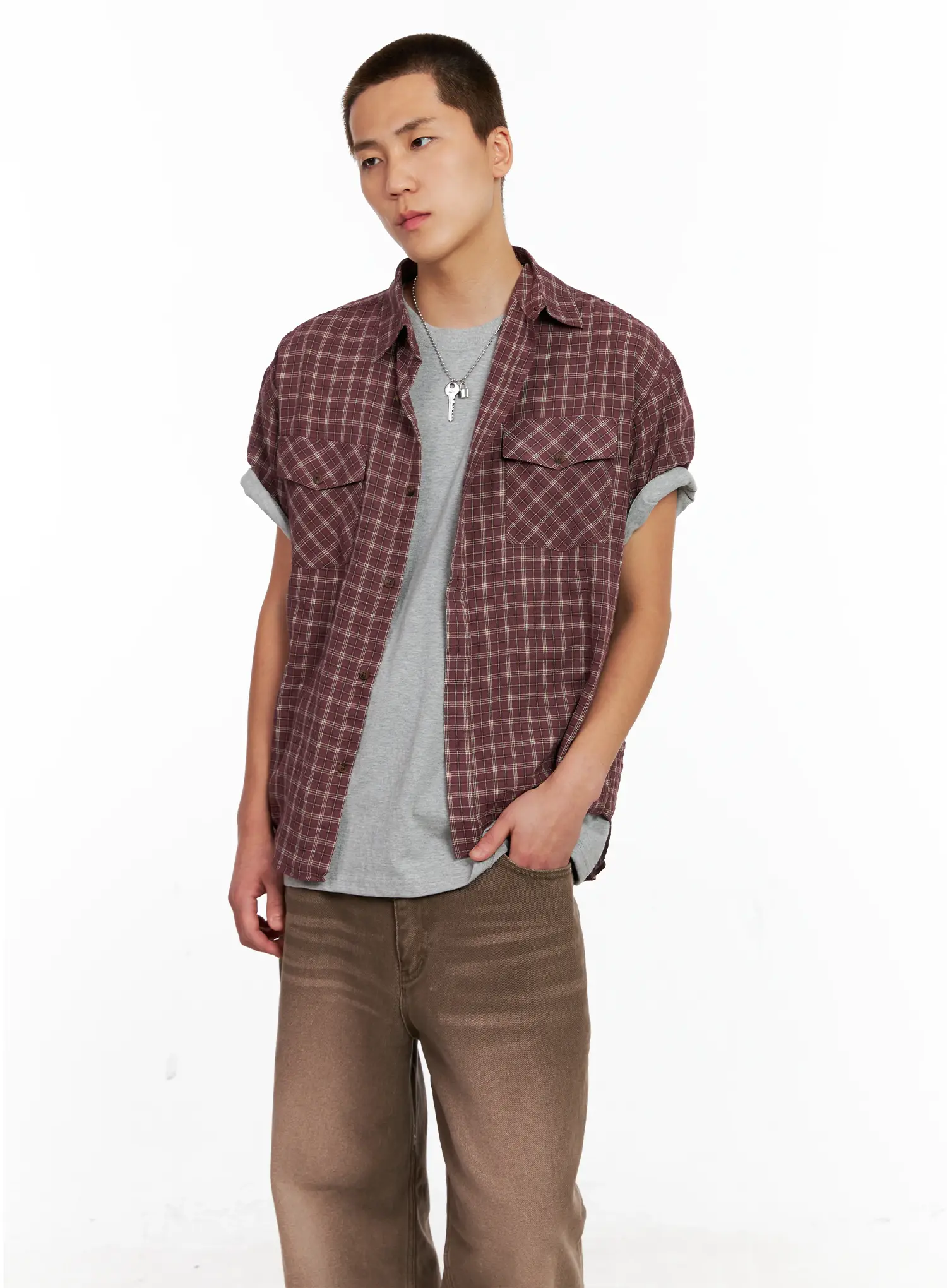 Men's Plaid Short-Sleeve Flannel Shirt IG511 - Image 8