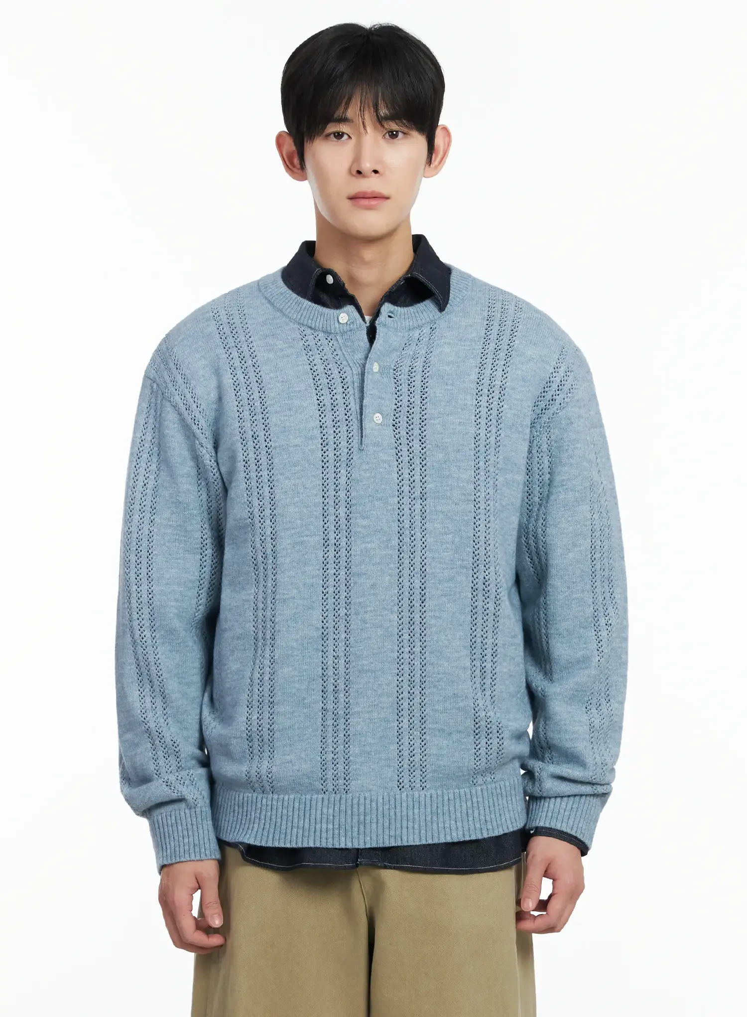 Men's Pointelle Henley Knit Sweater IF517 - Image 10