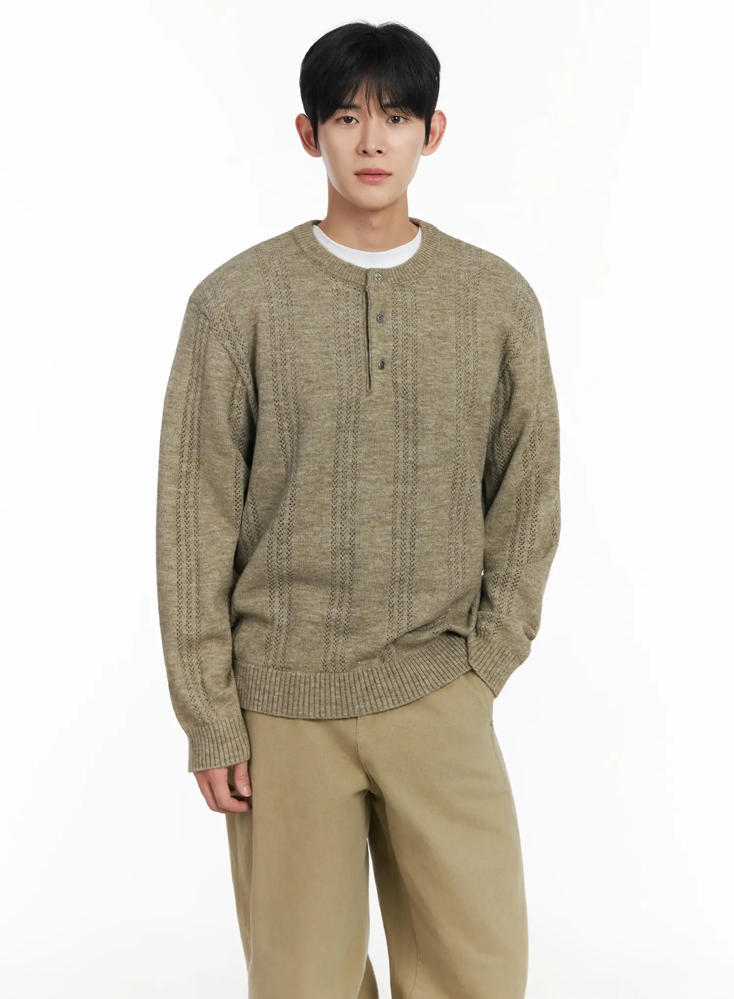 Men's Pointelle Henley Knit Sweater IF517 - Image 2