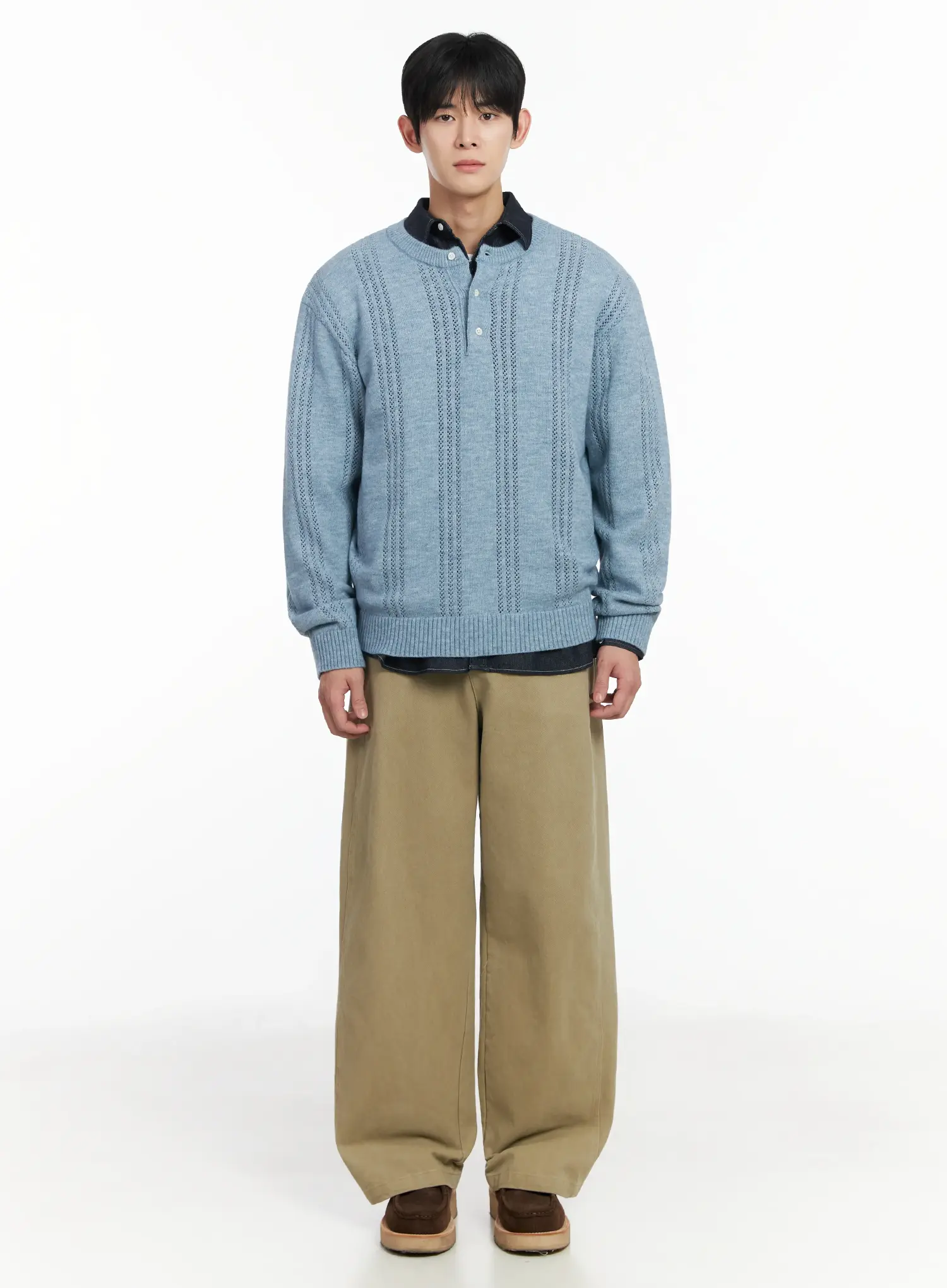 Men's Pointelle Henley Knit Sweater IF517 - Image 3