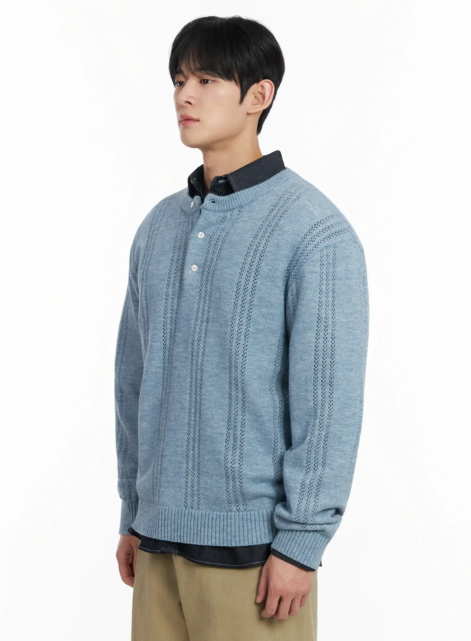 Men's Pointelle Henley Knit Sweater IF517 - Image 4