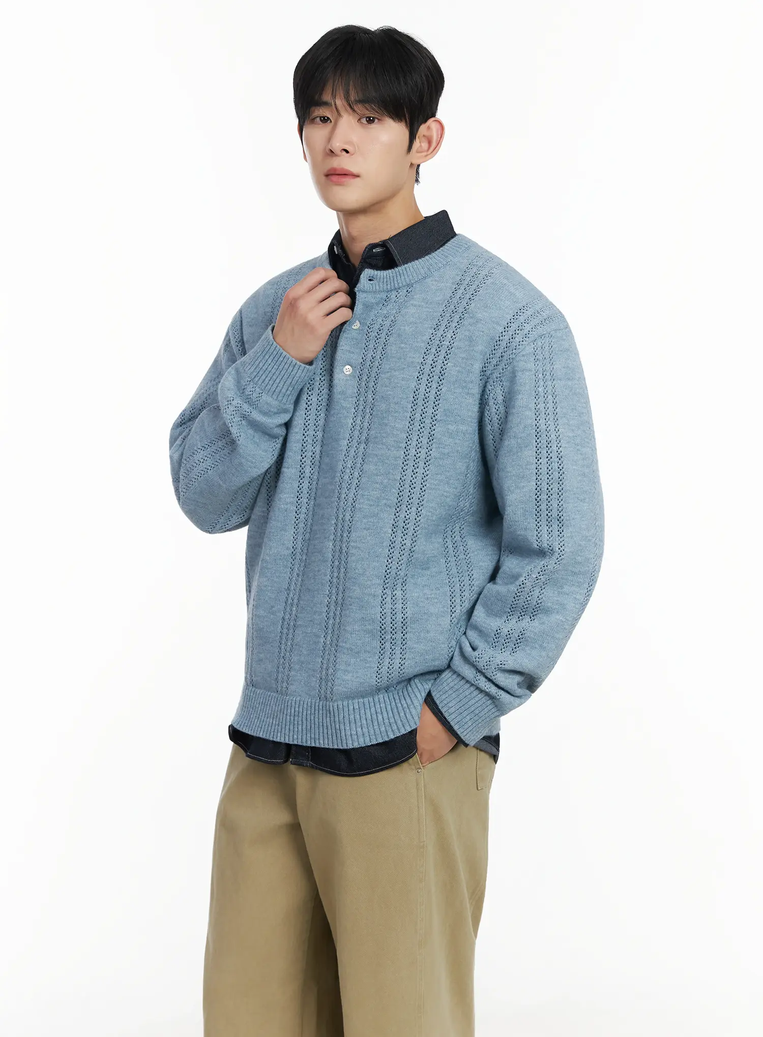 Men's Pointelle Henley Knit Sweater IF517 - Image 6