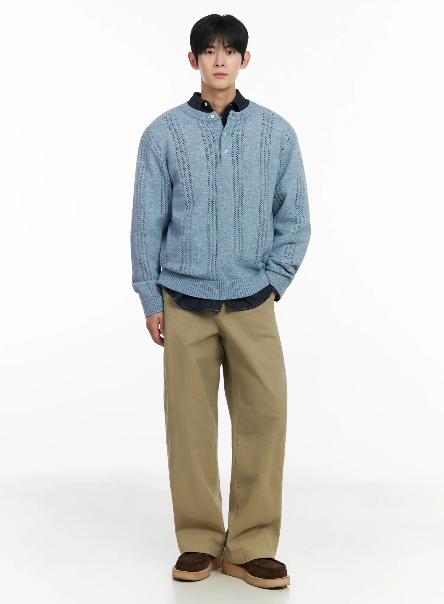 Men's Pointelle Henley Knit Sweater IF517 - Image 7