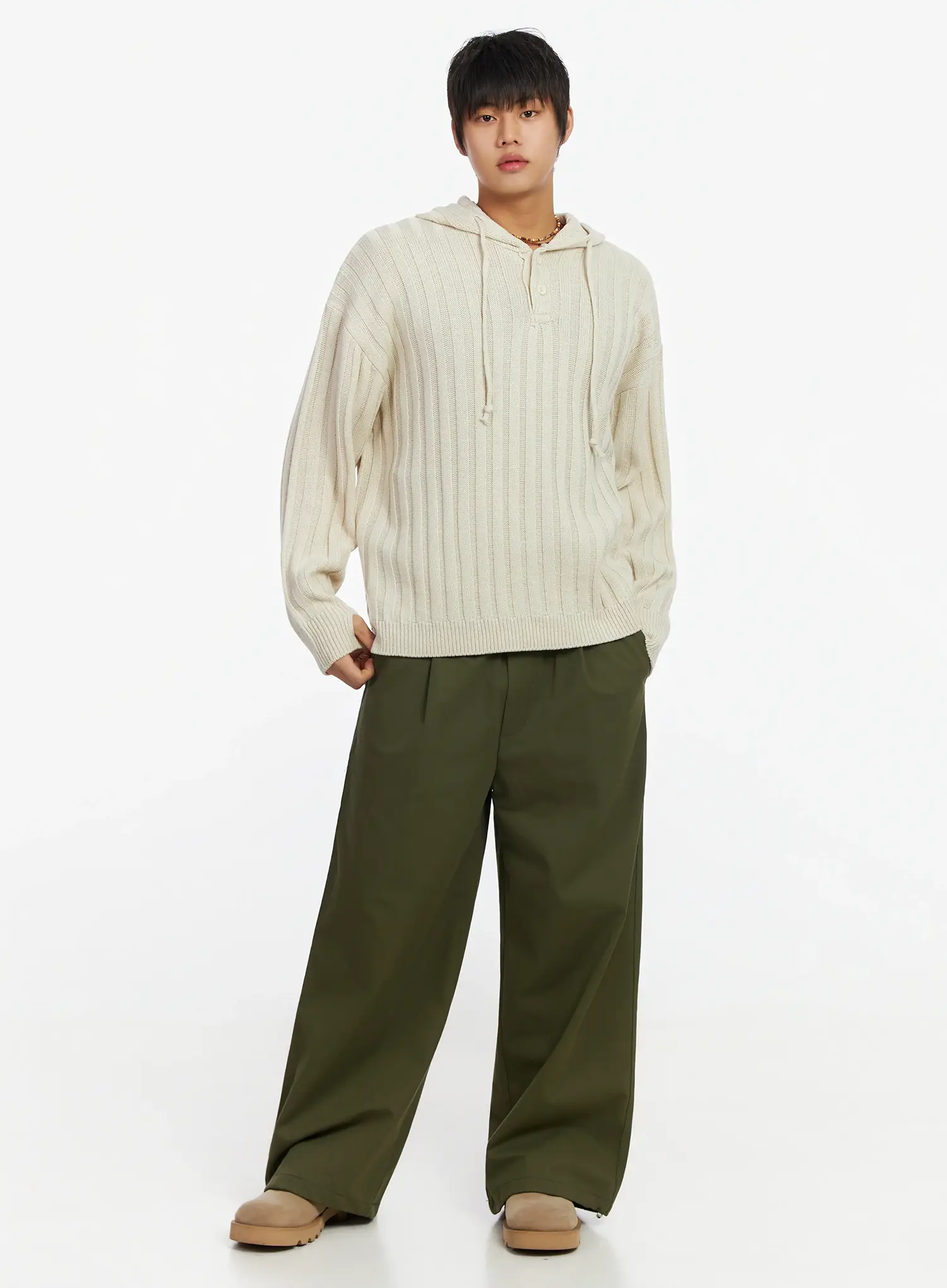 Men's Ribbed Knit Thumbhole Hoodie IJ527 - Image 2