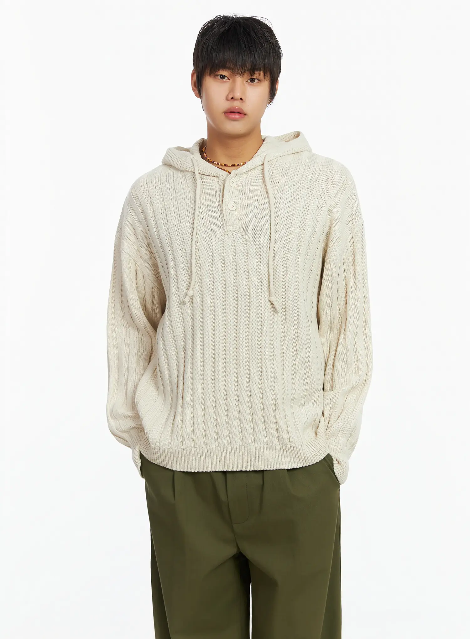 Men's Ribbed Knit Thumbhole Hoodie IJ527 - Image 6