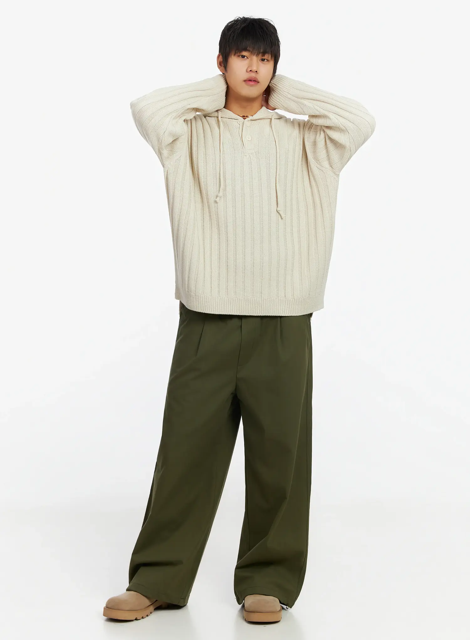 Men's Ribbed Knit Thumbhole Hoodie IJ527 - Image 8