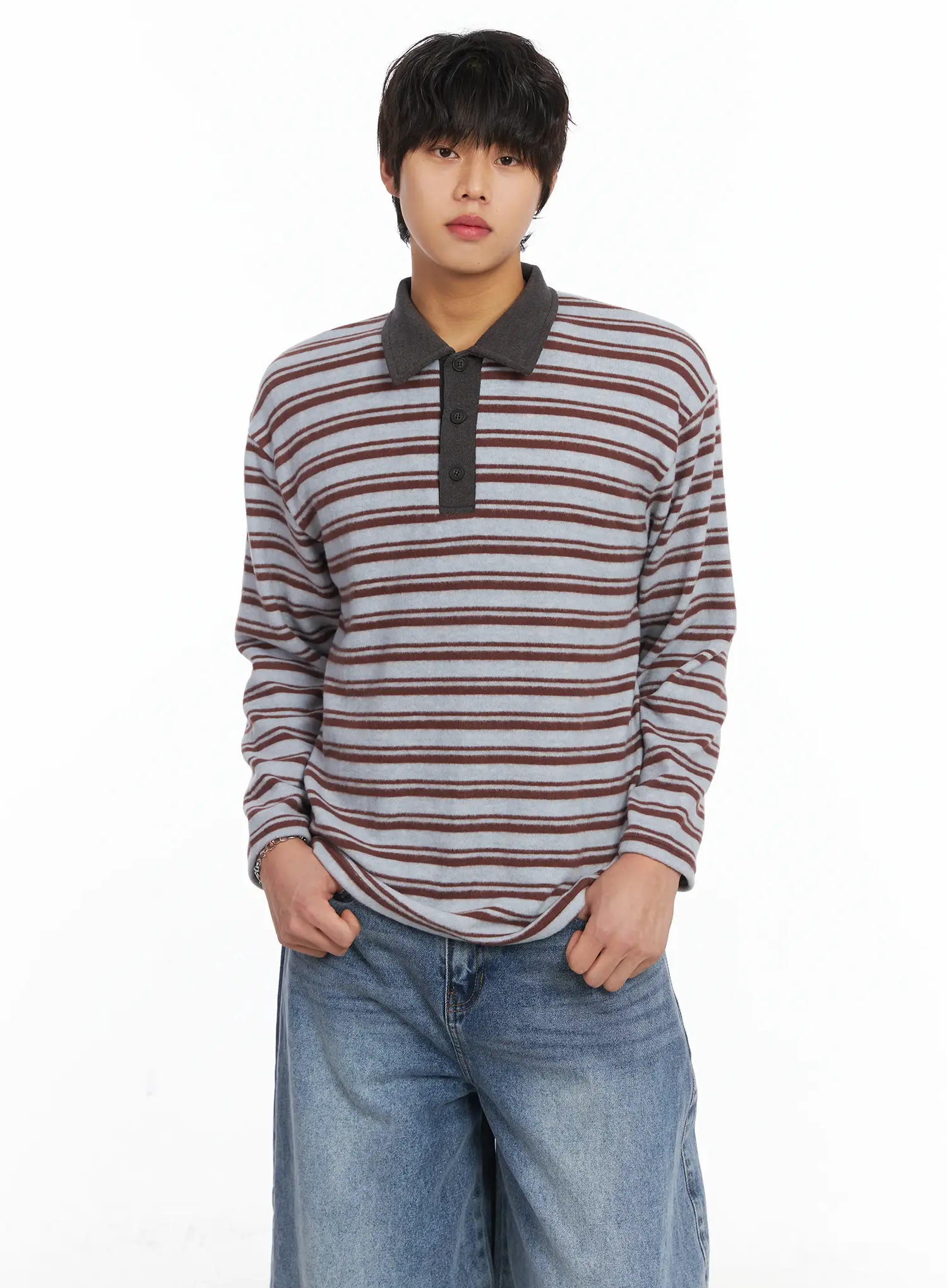 Men's Striped Collar Fleece Sweater IJ512 - Image 6