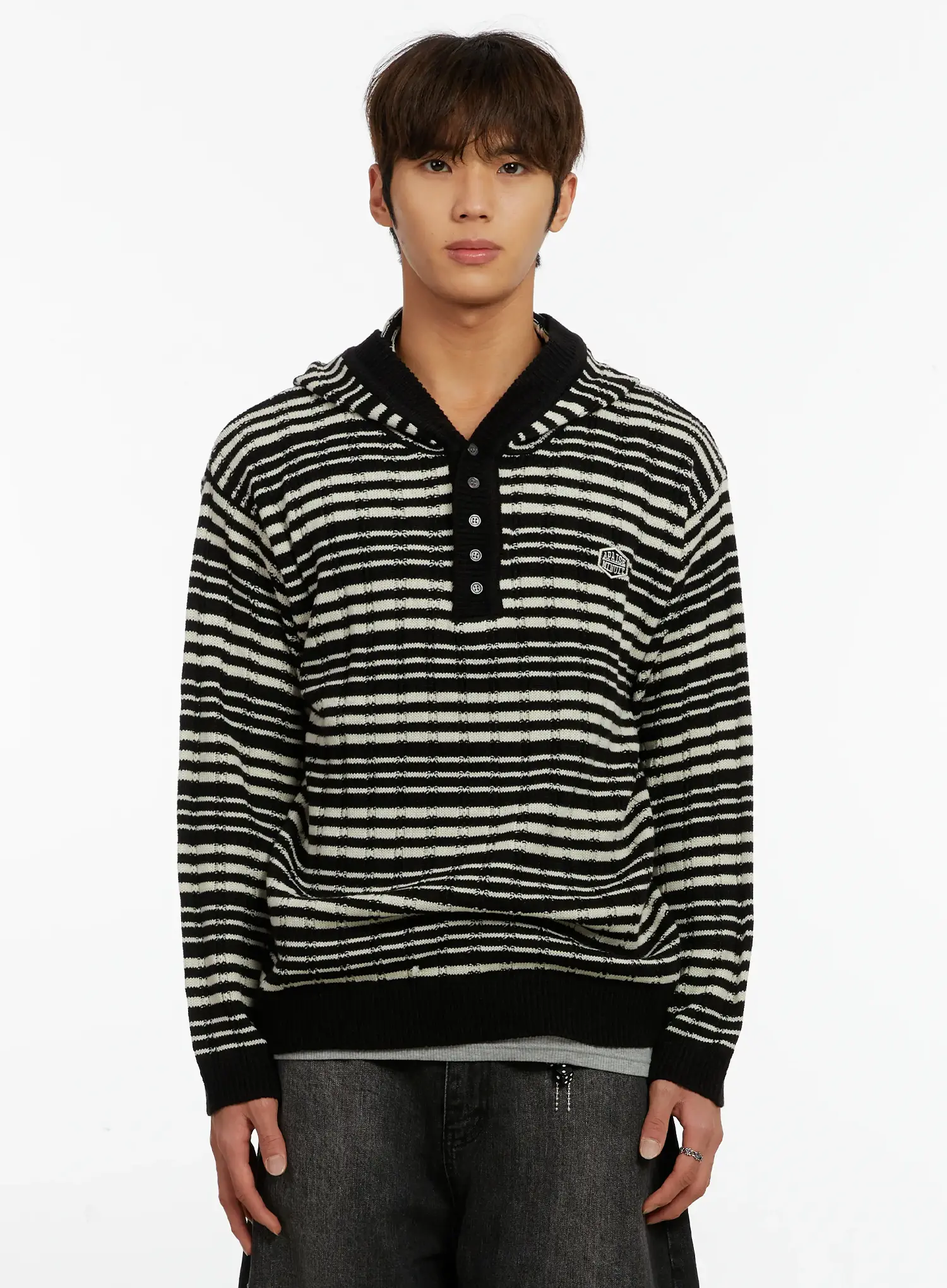 Men's Striped Henley Knit Hoodie ID524 - Image 10