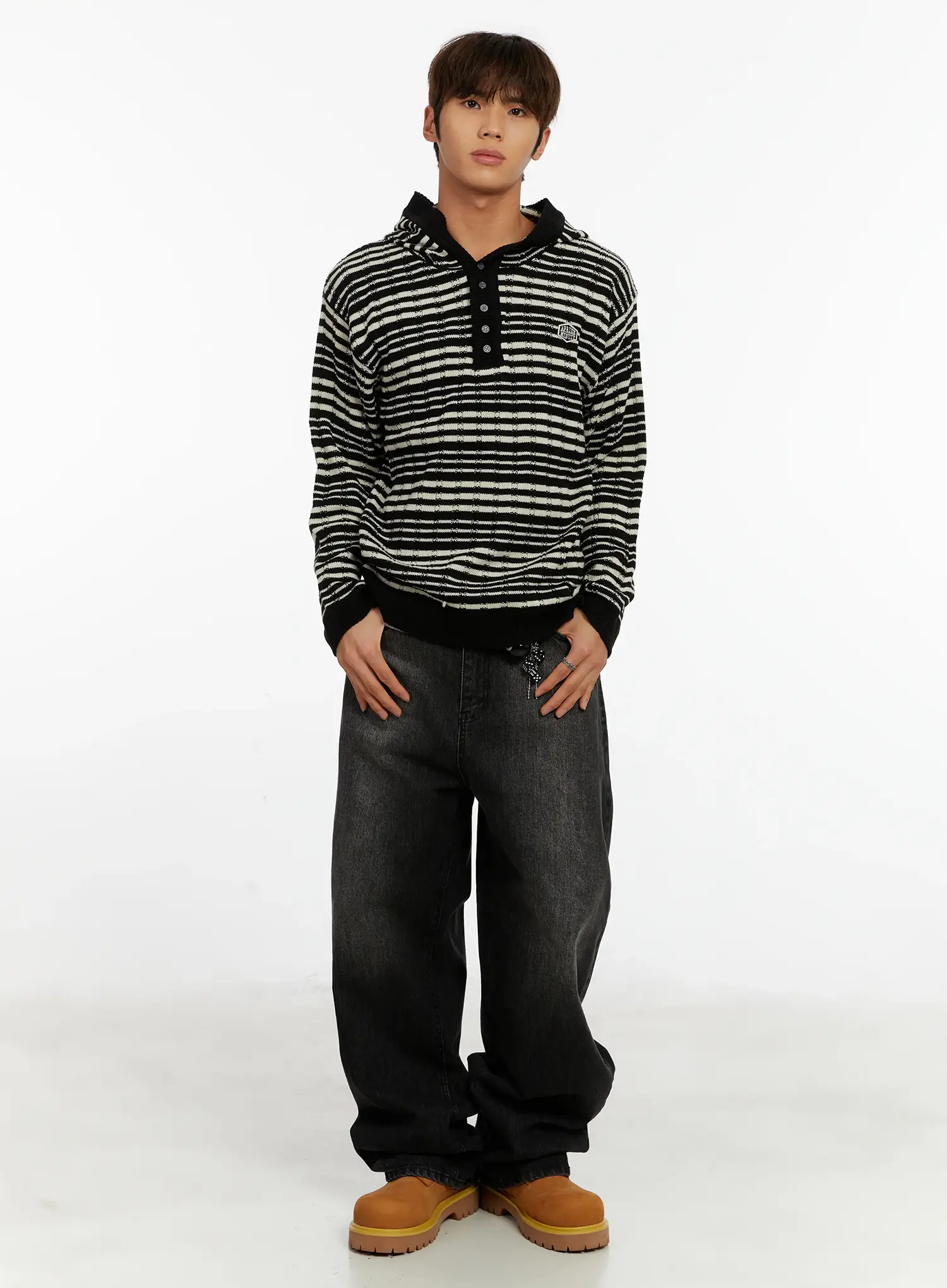 Men's Striped Henley Knit Hoodie ID524 - Image 2