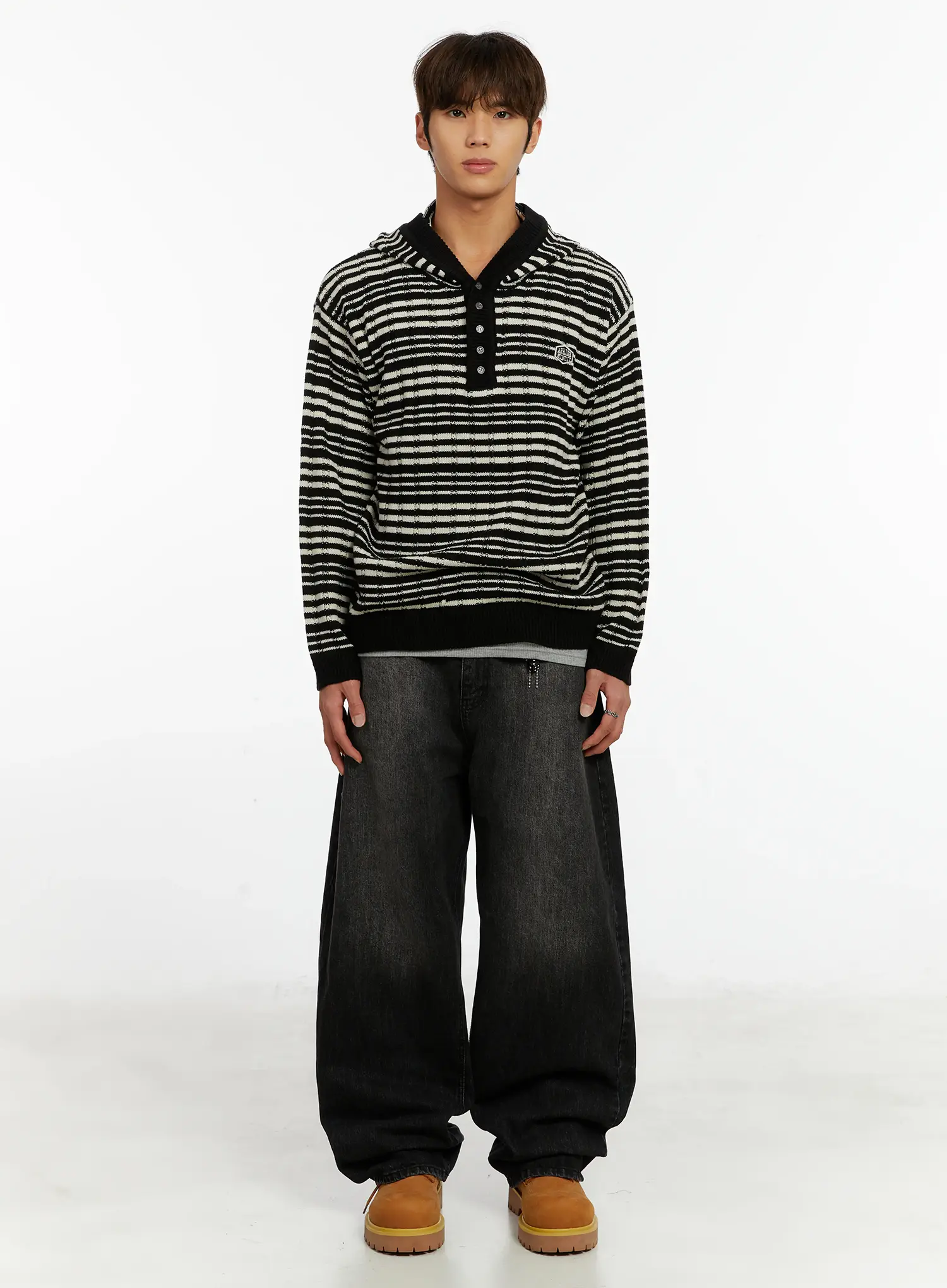 Men's Striped Henley Knit Hoodie ID524 - Image 3