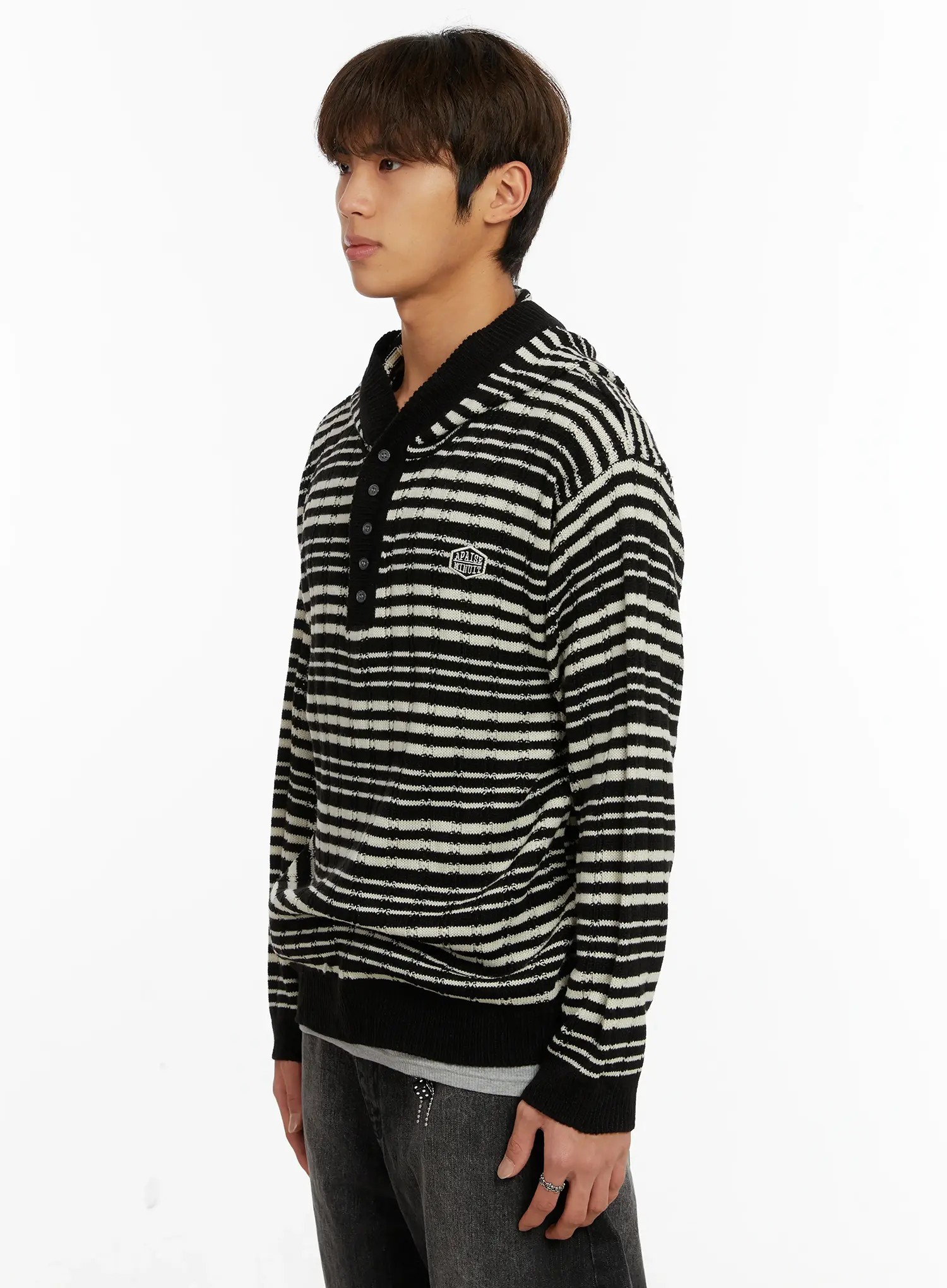 Men's Striped Henley Knit Hoodie ID524 - Image 4