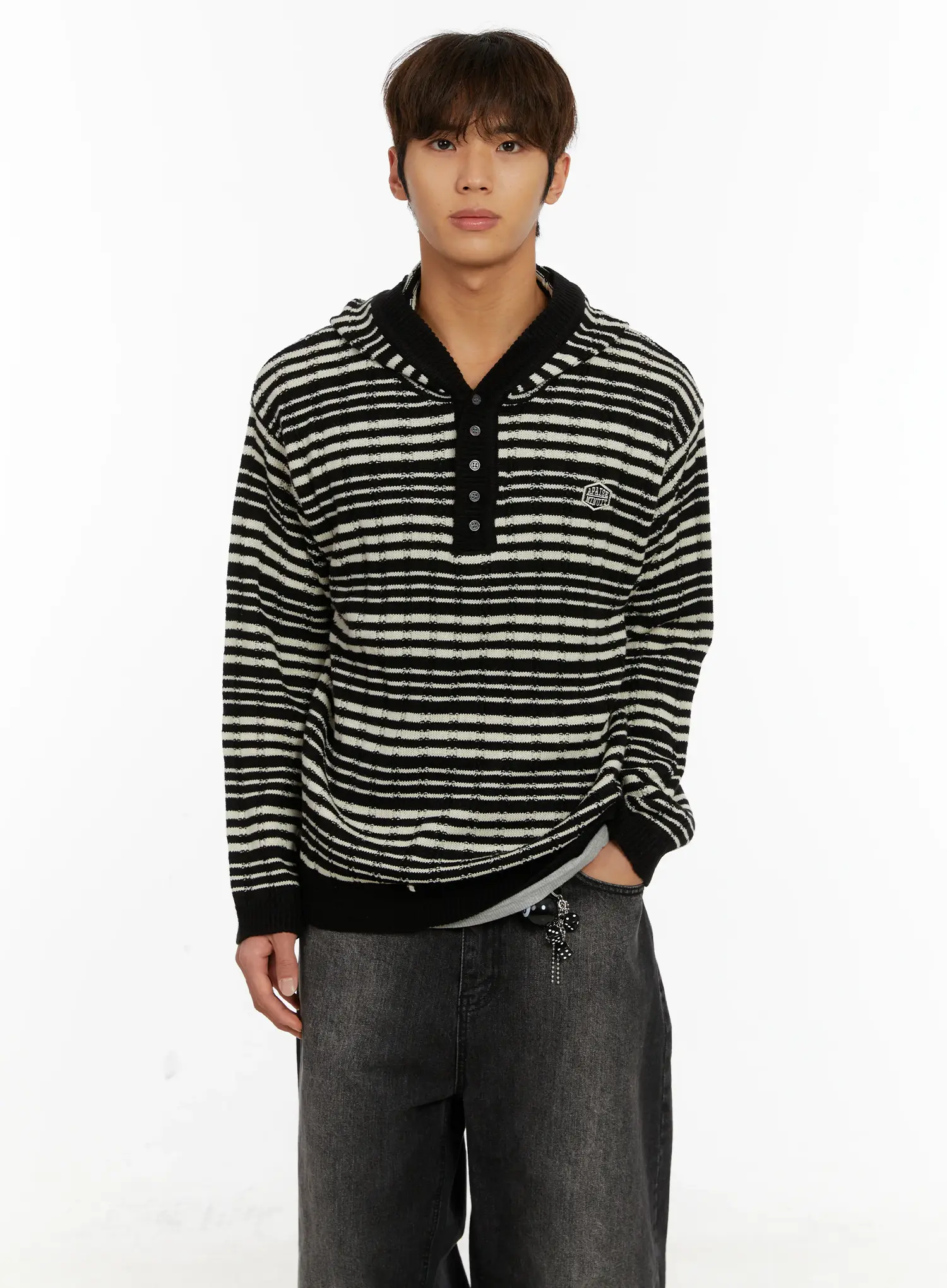 Men's Striped Henley Knit Hoodie ID524 - Image 6