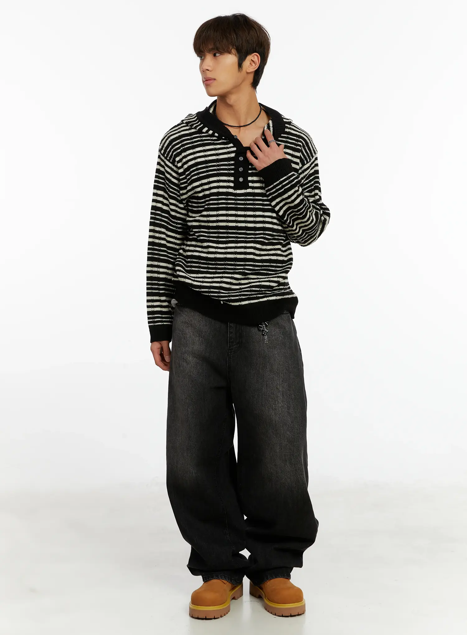 Men's Striped Henley Knit Hoodie ID524 - Image 7