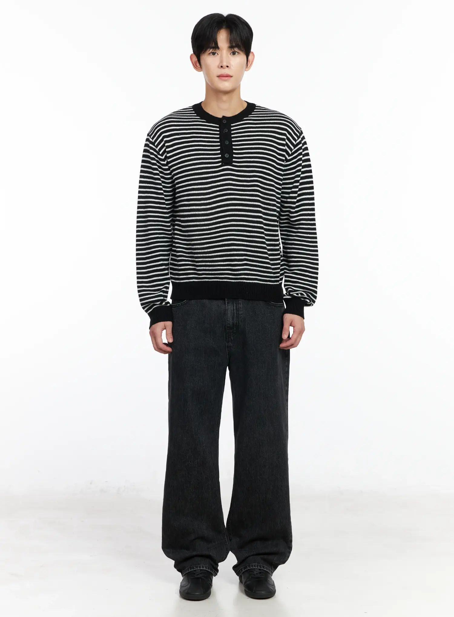 Men's Striped Henley Knit Sweater IM518 - Image 3