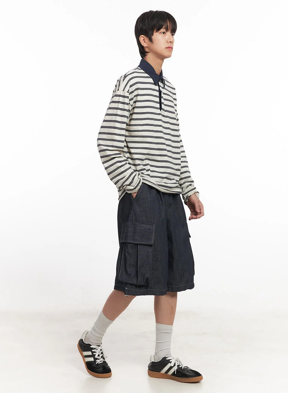 Men's Striped Long Sleeve Polo Shirt IA511 - Image 2