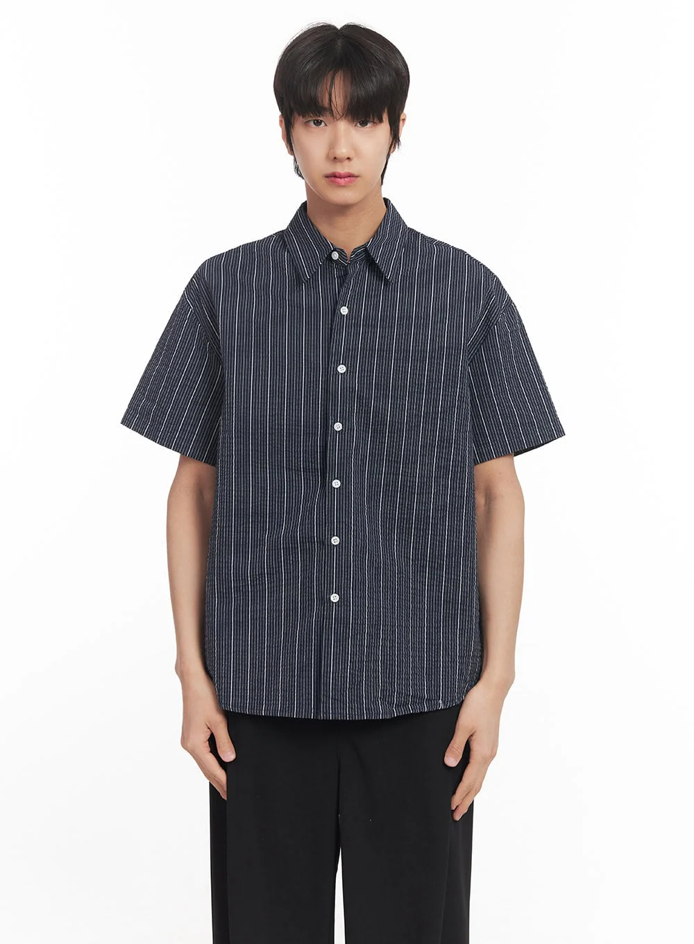 Men's Striped Loose-Fit Collared Shirt IA510 - Image 14