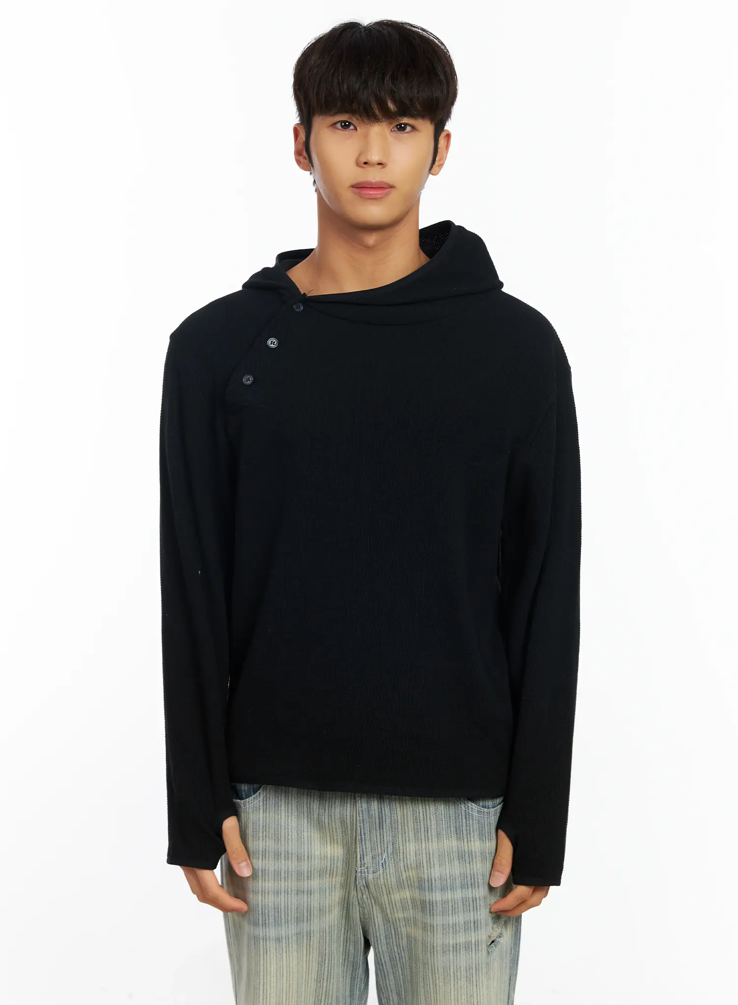 Men's Waffle Knit Henley Neck Hoodie IF504 - Image 13