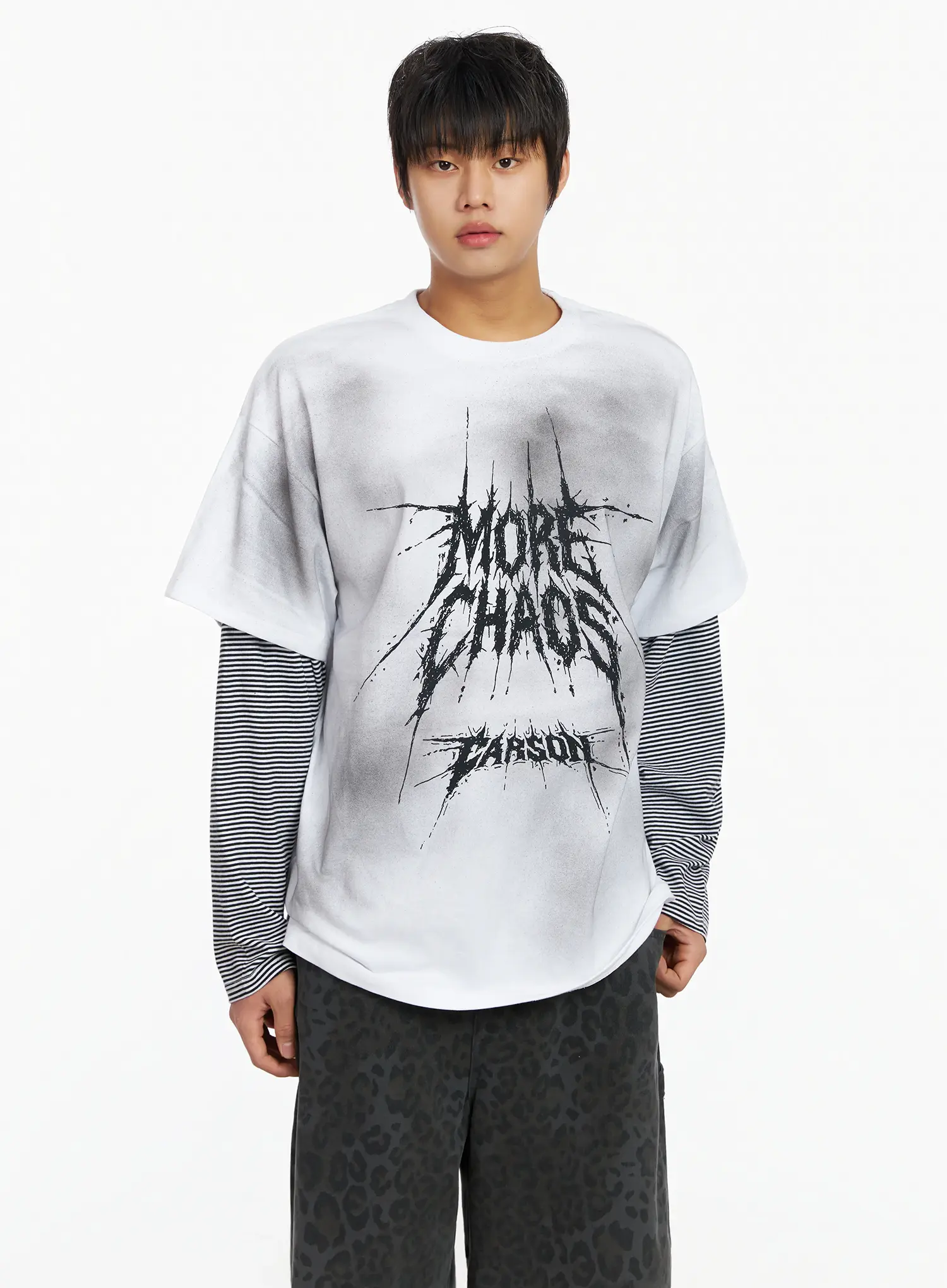 Men's White Vintage Graphic Layered Long Sleeve Tee IJ527 - Image 2