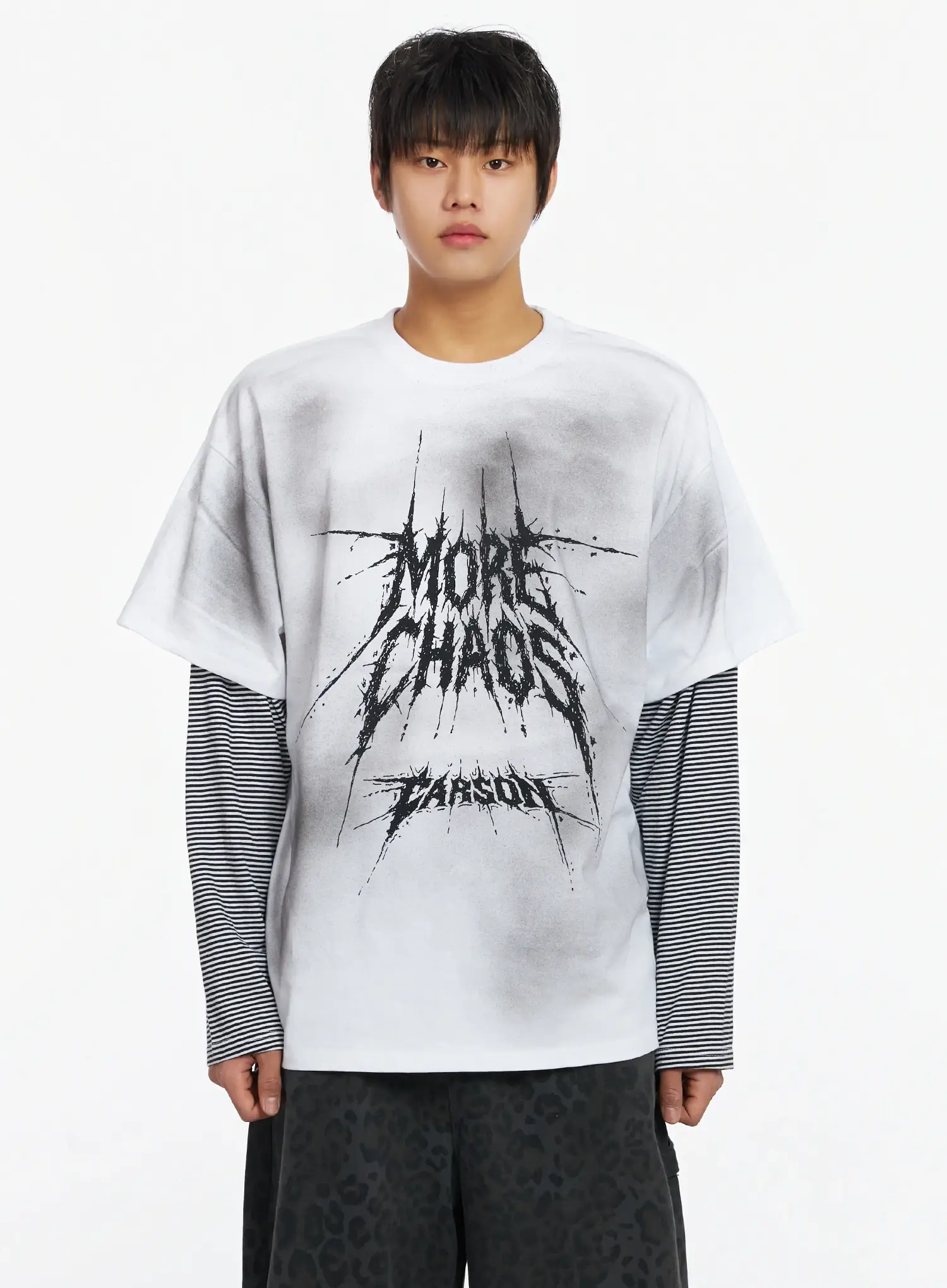 Men's White Vintage Graphic Layered Long Sleeve Tee IJ527 - Image 7