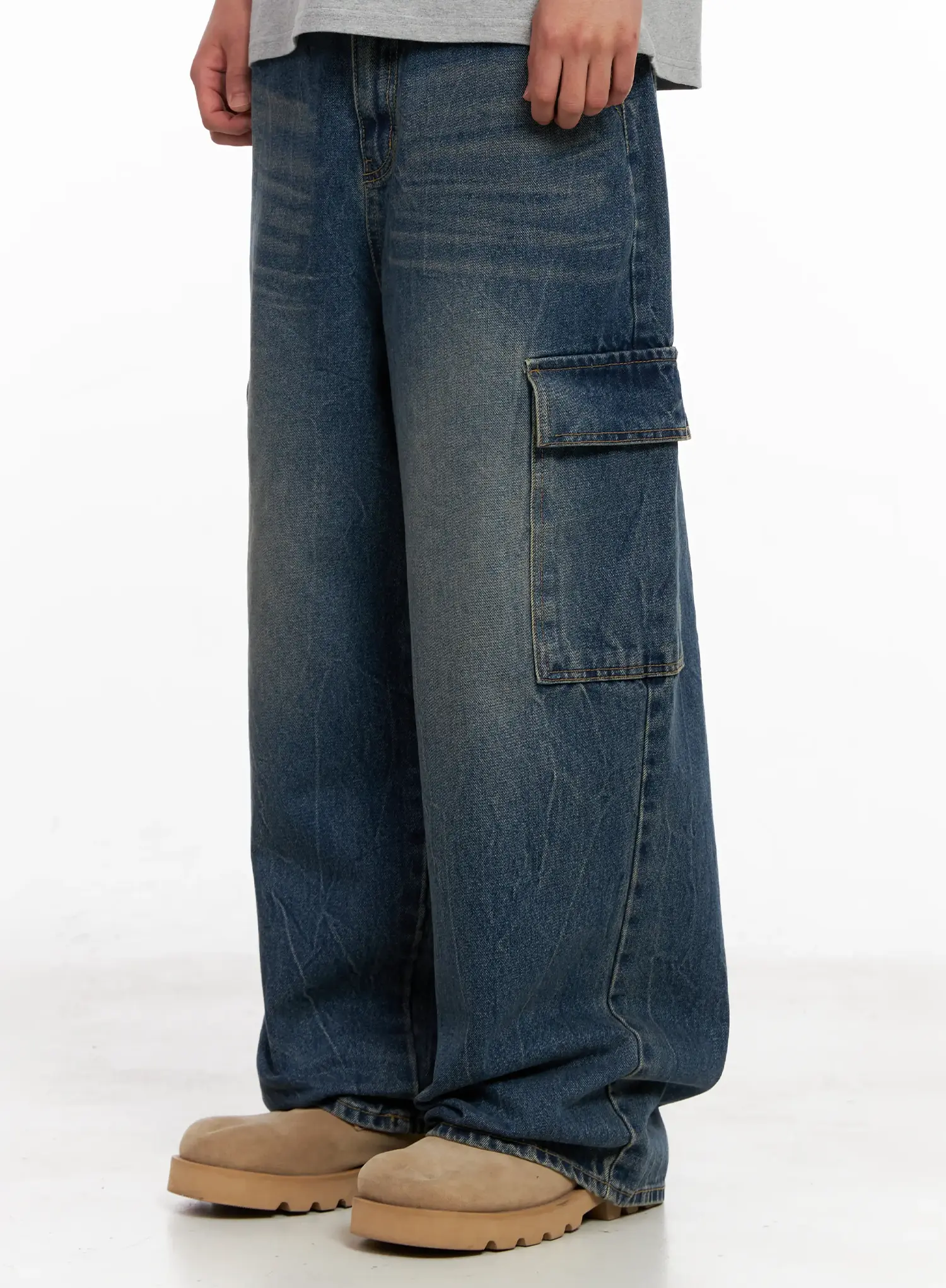 Men's Wide-Leg Cargo Denim Jeans IL518 - Image 7
