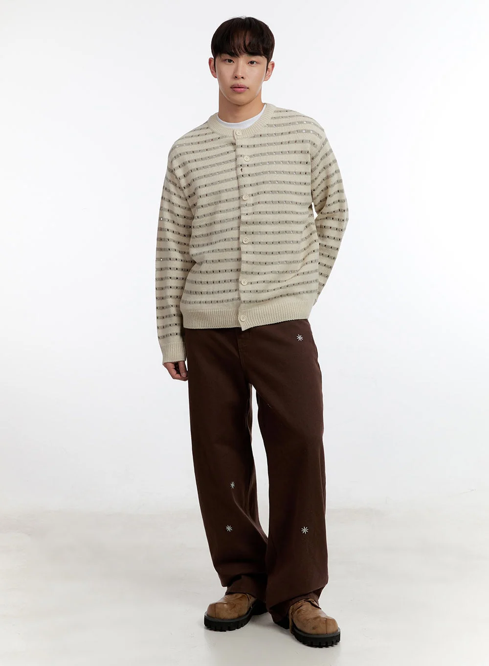 Men's Wide-Leg Pants with Embroidered Flowers IA504 - Image 10