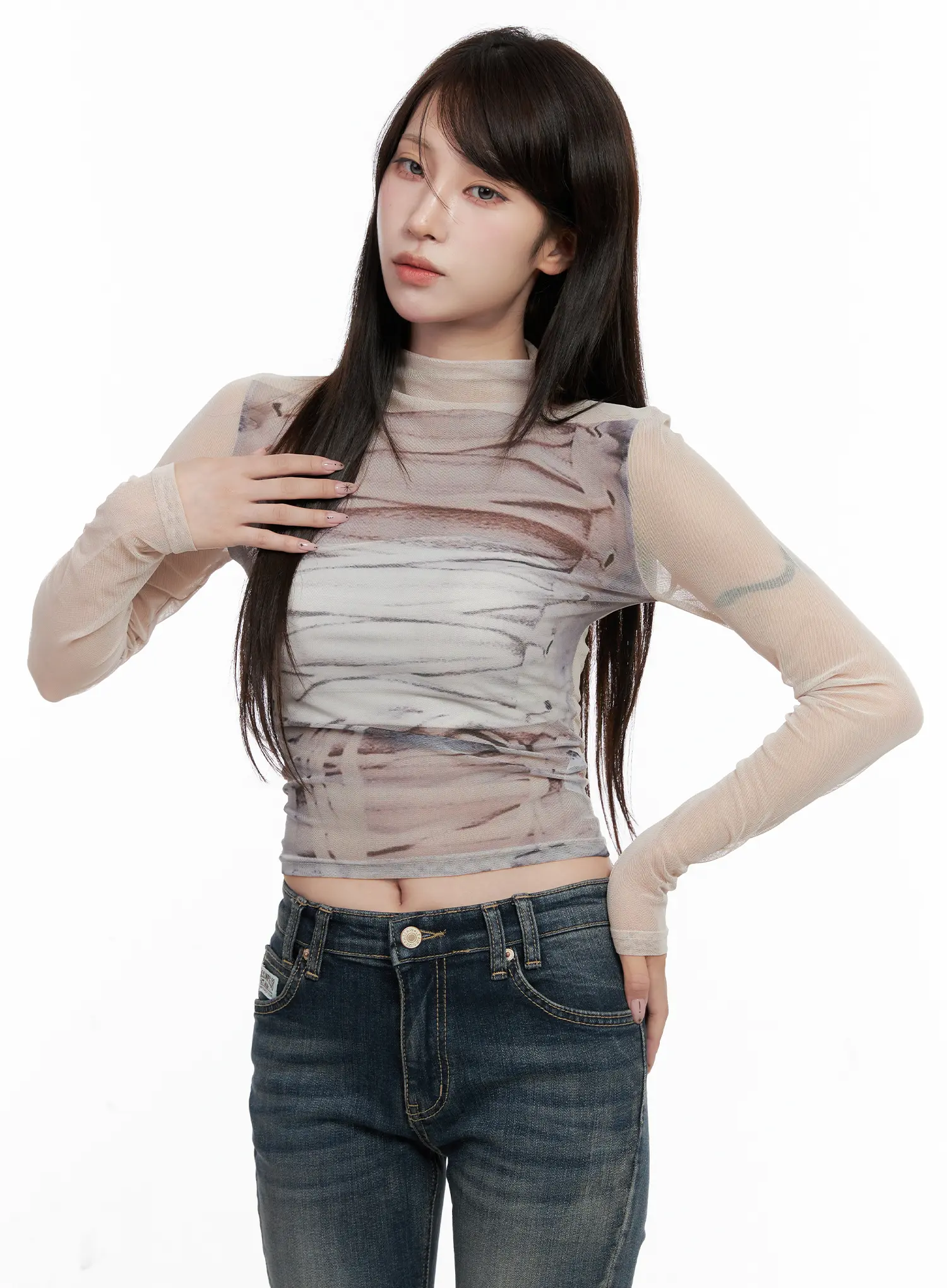 Mesh Patterned Long Sleeve Top CO520