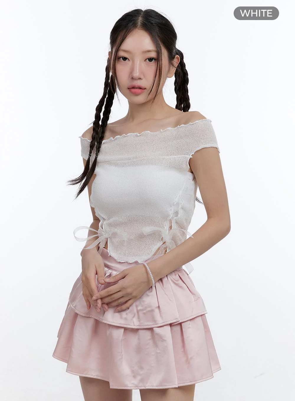 Mesh Ribbon Off-Shoulder Crop Top CG414 - Image 7