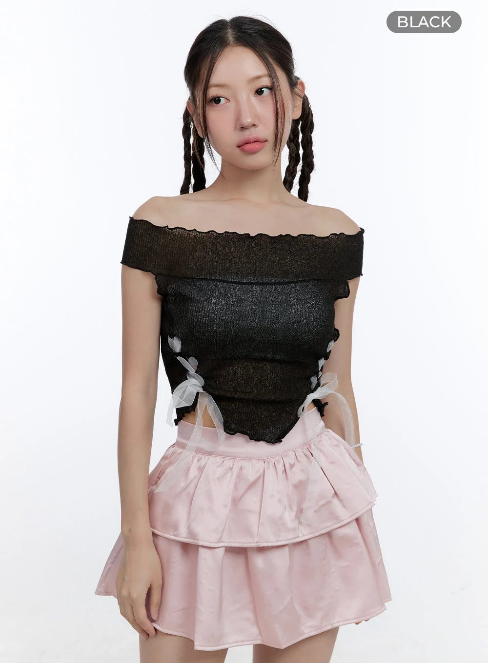 Mesh Ribbon Off-Shoulder Crop Top CG414 - Image 8
