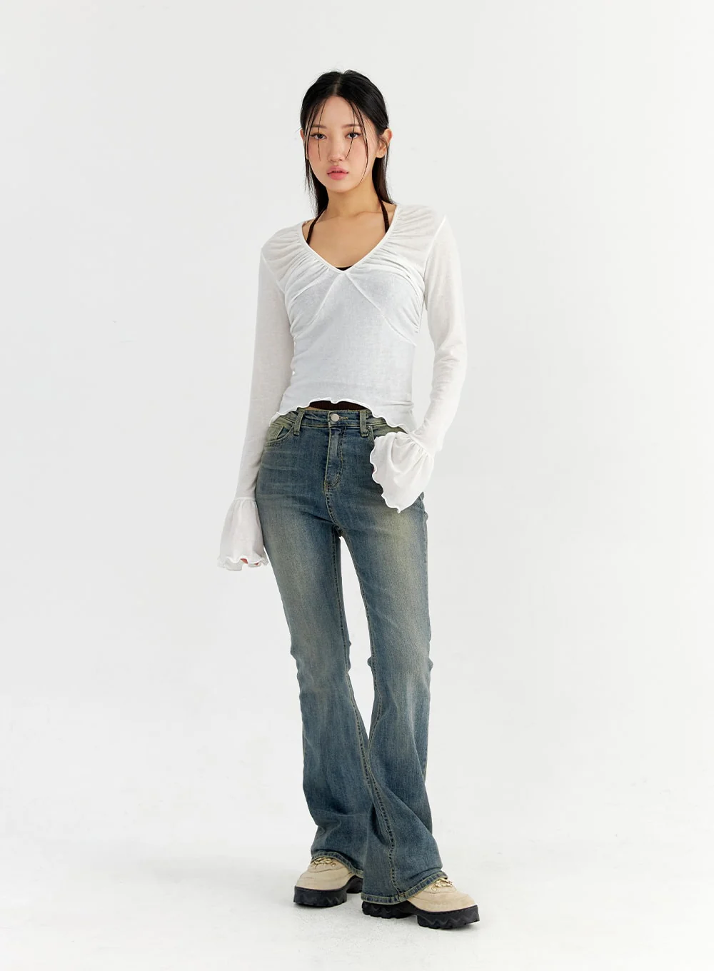 Mesh V-Neck Shirred Crop Top CO327 - Image 2